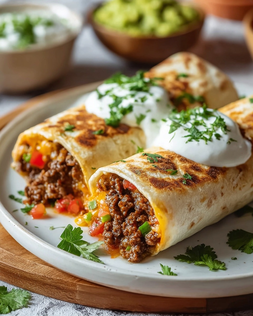 Two burritos are placed side by side on a round white plate. Each burrito has a light golden brown toasted tortilla wrap with slight grill marks. Inside, there are three main layers visible: a bottom layer of finely chopped green and red bell peppers and onions, a middle layer of cooked ground beef with a crumbly texture and dark brown color, and a top layer of melted cheese visible near the front open end. The front burrito is topped with two dollops of white sour cream sprinkled with chopped green herbs, while fresh green cilantro leaves are scattered on and around the burritos. The plate is set on a white marbled surface with blurred bowls of guacamole and salsa in the background. photo taken with an iphone --ar 4:5 --v 7