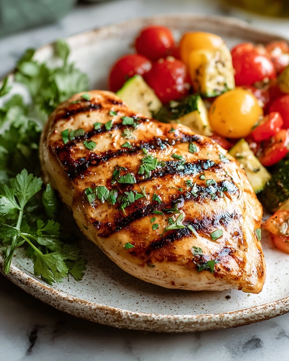 A grilled chicken breast with clear, dark brown grill marks and sprinkled with fresh green chopped herbs lies in the center of a rustic white plate. Behind the chicken, there is a mix of colorful vegetables including red cherry tomatoes, yellow and green zucchini pieces, showing a soft texture. On the left side of the plate, fresh green herbs add a lively touch. The plate is placed on a white marbled surface with soft, natural light highlighting the glossy, slightly oily texture of the chicken and the freshness of the vegetables. photo taken with an iphone --ar 4:5 --v 7