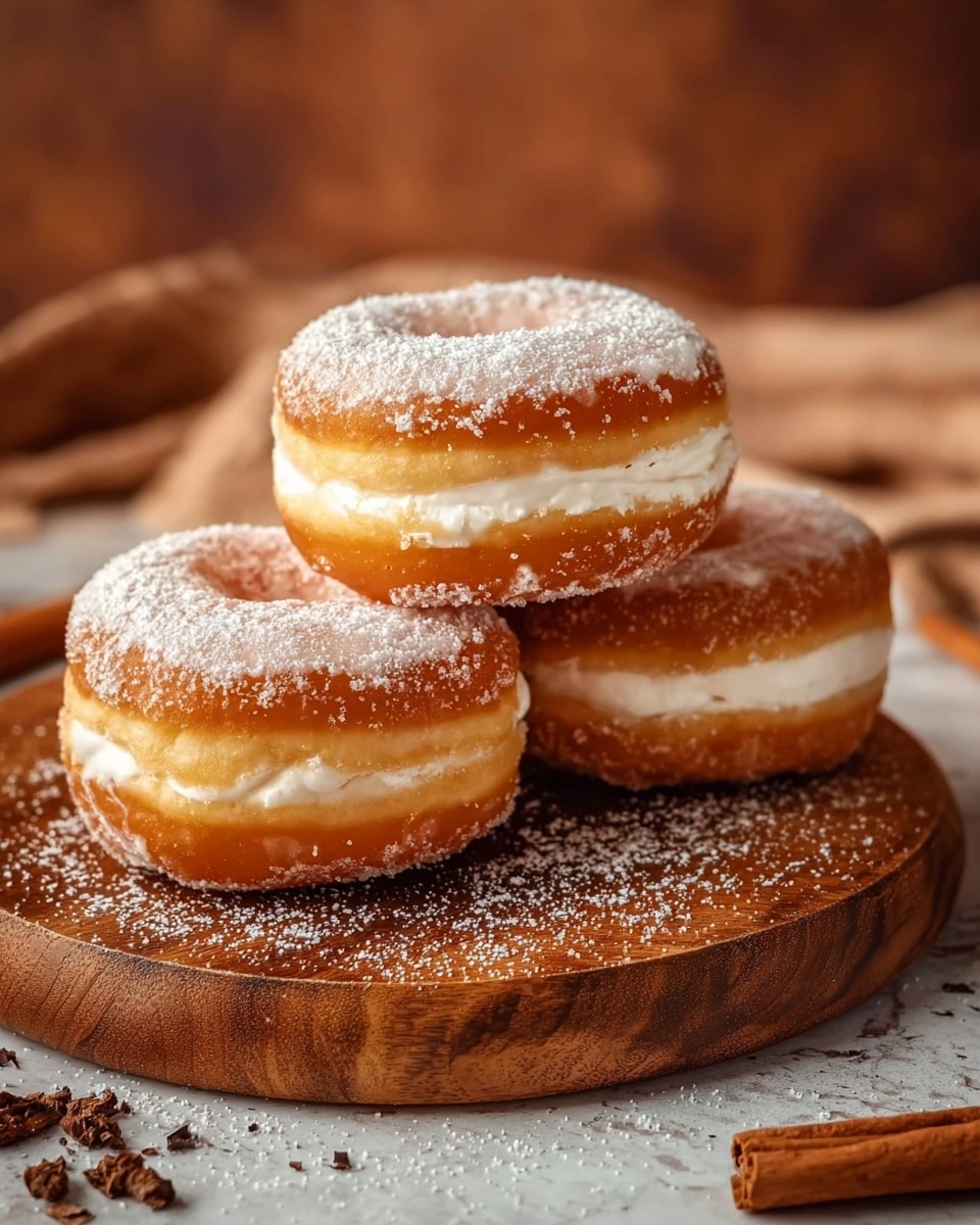 Three donuts are stacked on a round wooden board with some powdered sugar dusted around. Each donut has two layers: a golden-brown fried dough base and a middle layer of white icing cream sandwiched inside. The top of the donuts is coated with a thin layer of glaze, sprinkled with a light dusting of white powdered sugar and a bit of cinnamon powder. The background shows warm brown tones with a cinnamon stick lying next to the board, resting on a white marbled texture. photo taken with an iphone --ar 4:5 --v 7