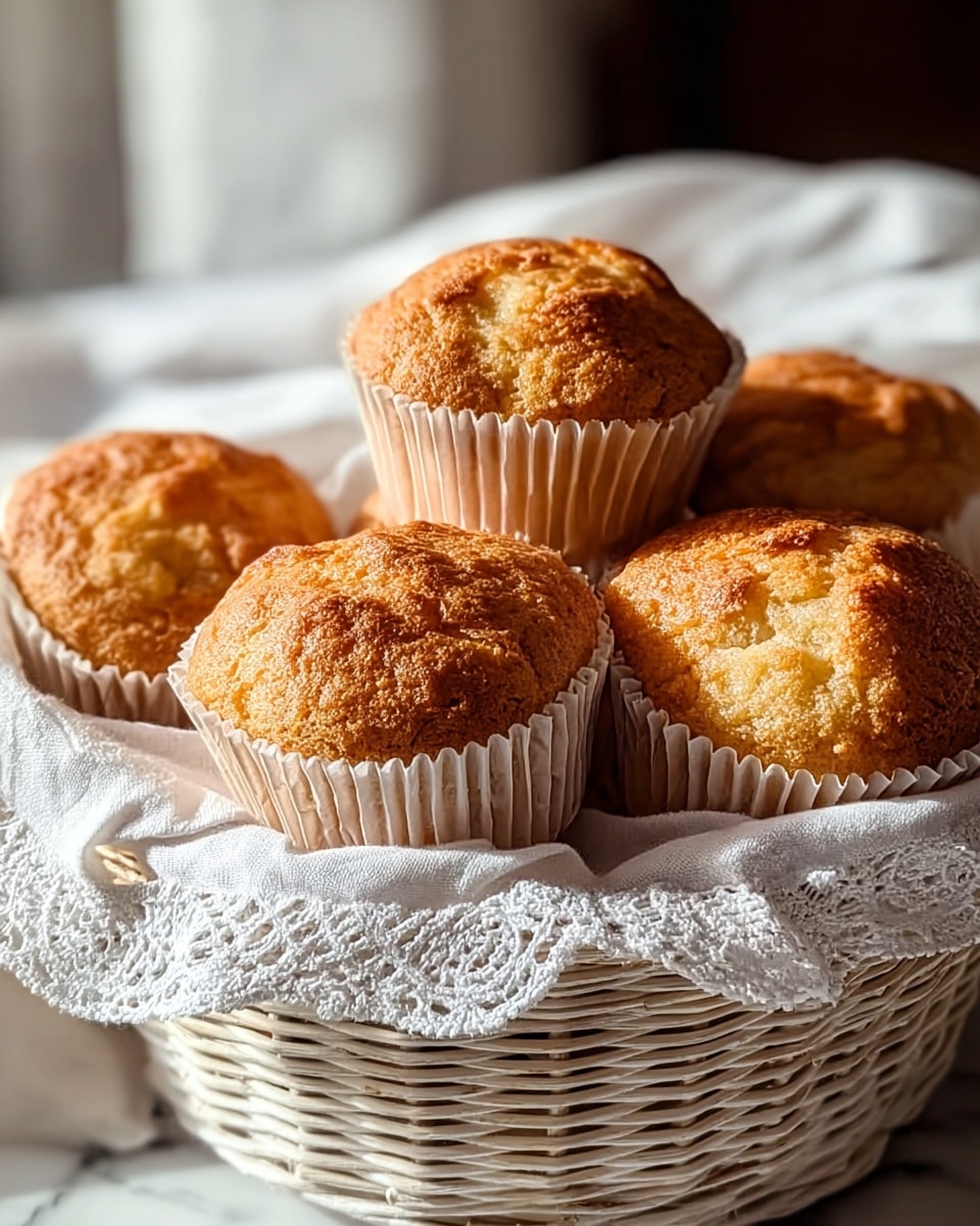 Five golden brown muffins with a slightly cracked top texture sit closely together inside a white woven basket lined with a white lace cloth. The muffins are wrapped in white paper liners that show subtle pleats, and warm natural light softly highlights their uneven, rustic surface. The basket and muffins rest on a white marbled surface with a blurred light background suggesting a cozy room scene. photo taken with an iphone --ar 4:5 --v 7