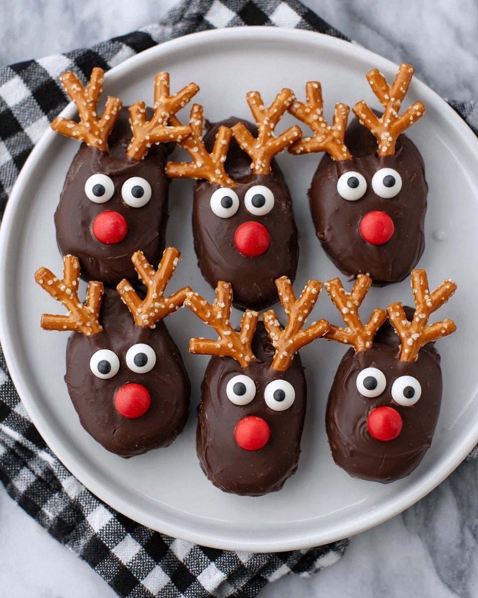 The image shows a white plate filled with six reindeer-shaped treats, each having a smooth dark brown chocolate-coated layer covering a base. On top, two round white candy eyes with black dots are placed near the top center of each treat. Below the eyes, a single red candy is positioned as the nose. Two pretzel pieces, light brown and textured, are placed on each treat’s upper part to look like antlers. The plate is on a white marbled surface with a black and white checkered cloth partially visible under the plate. photo taken with an iphone --ar 4:5 --v 7