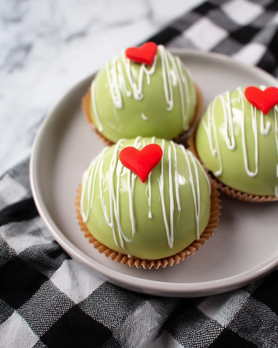 Three dome-shaped desserts sit on a round white plate, each covered in a smooth, light green glaze. Each dome is decorated with thin white lines drizzled over the top, and a small red heart-shaped garnish is placed at the center of each. The desserts have crinkled, light brown paper cups at their base. The plate rests on a black and white checkered cloth, and the whole scene is set against a white marbled texture. Photo taken with an iphone --ar 4:5 --v 7
