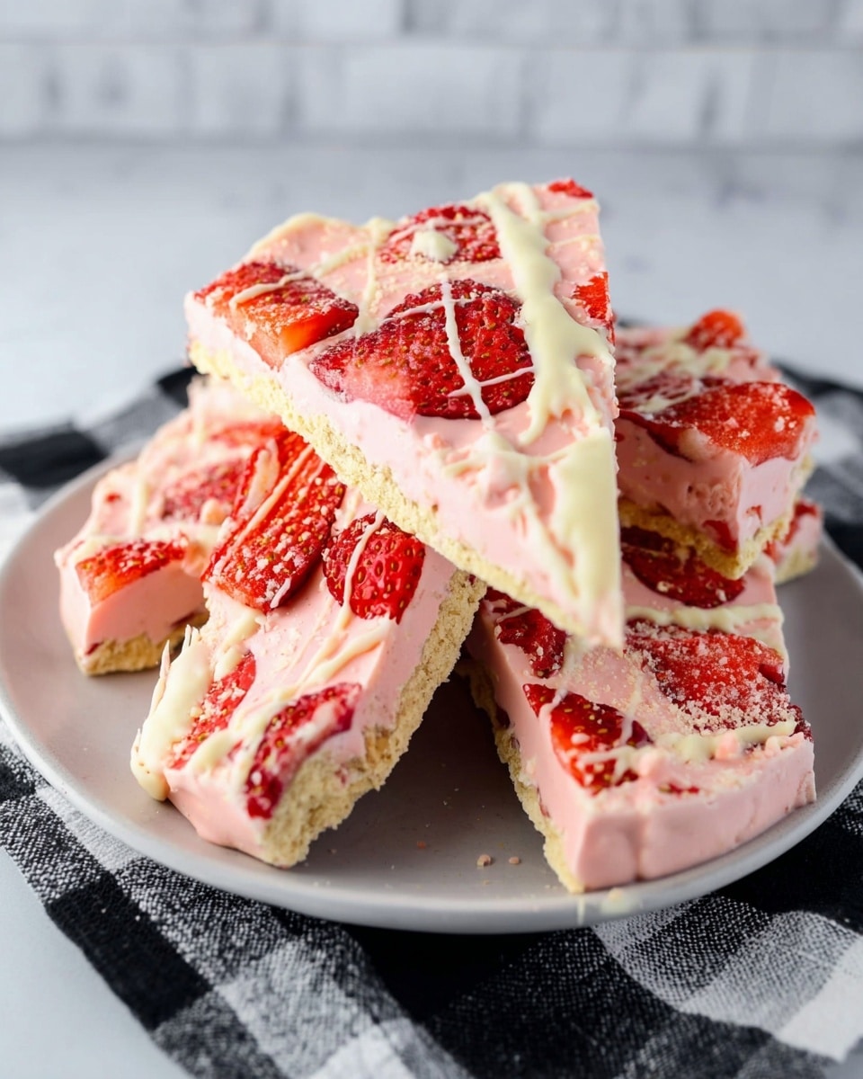 The image shows a pile of four triangular pieces of dessert bark stacked on a white plate, resting on a black and white checkered cloth over a white marbled surface. Each bark piece has three main layers: a crumbly beige base, a thick smooth pink middle layer, and a topping of dried, bright red strawberry slices scattered unevenly on top. White chocolate is drizzled over the strawberries, adding a glossy, irregular web-like pattern. The edges of the triangles are clean and sharp. photo taken with an iphone --ar 4:5 --v 7