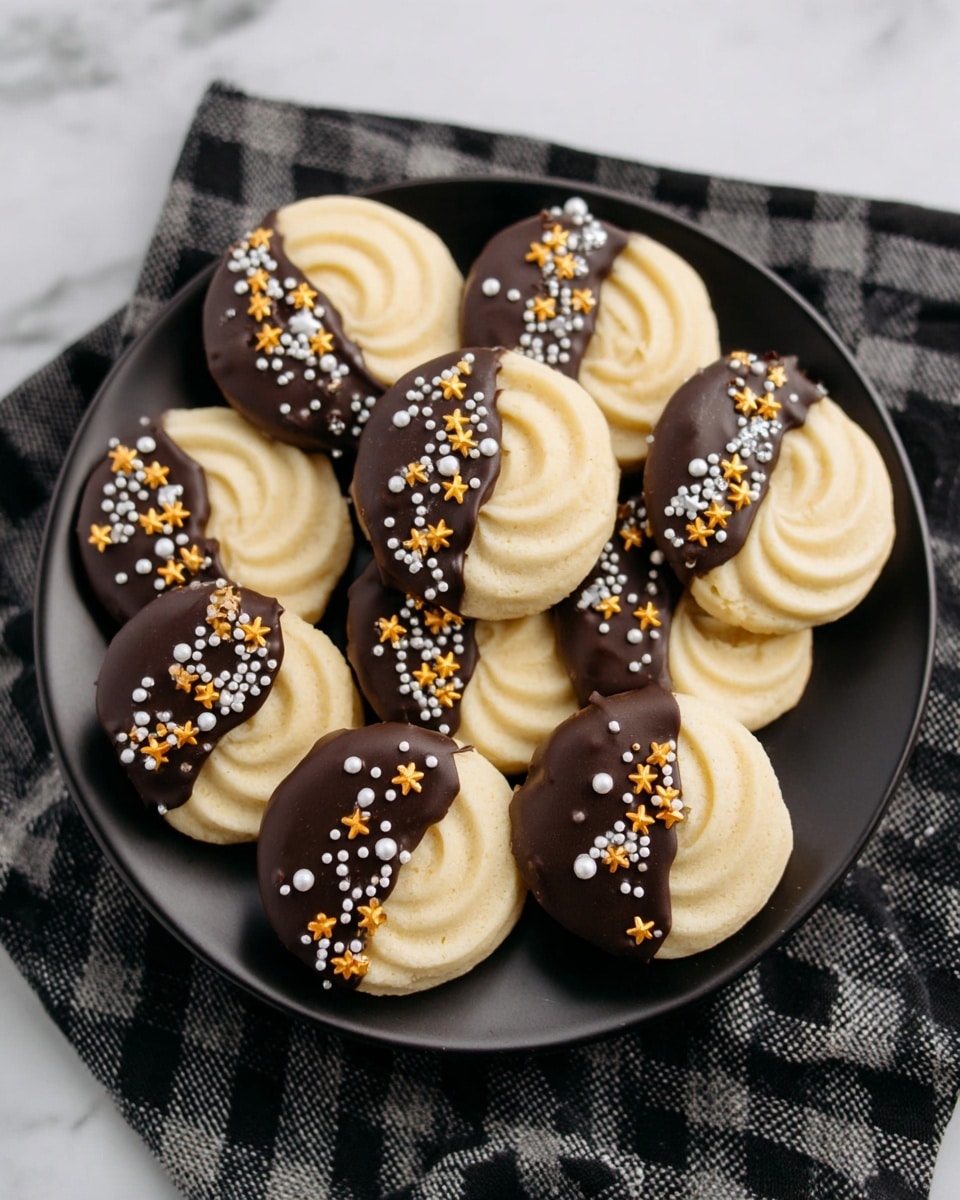 A black round plate holds nine small round cookies, each with one half dipped in dark chocolate that has a smooth, shiny texture. The other half of the cookie is pale cream with a soft swirl pattern. The chocolate side is decorated with small star-shaped sprinkles in gold and silver, along with white round sprinkles. The plate is set on a black and white checkered cloth, and the background is a white marbled texture. photo taken with an iphone --ar 4:5 --v 7