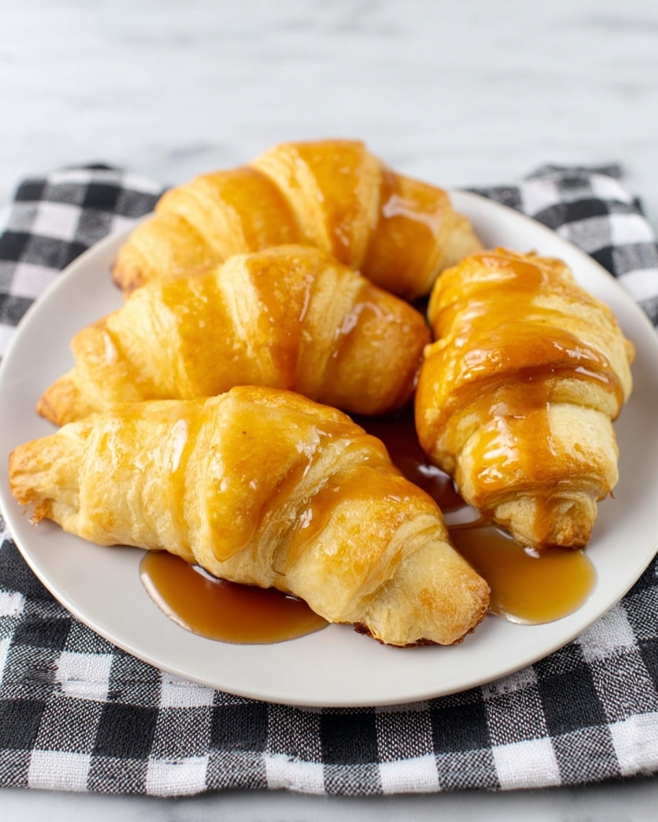 Four croissants are placed closely together on a white plate. Each croissant has a pale golden color with smooth, soft texture and visible rolled layers. A shiny, thick amber syrup is generously drizzled over the croissants, pooling slightly at the bottom of the plate. The plate rests on a black and white checkered cloth, over a white marbled surface. photo taken with an iphone --ar 4:5 --v 7