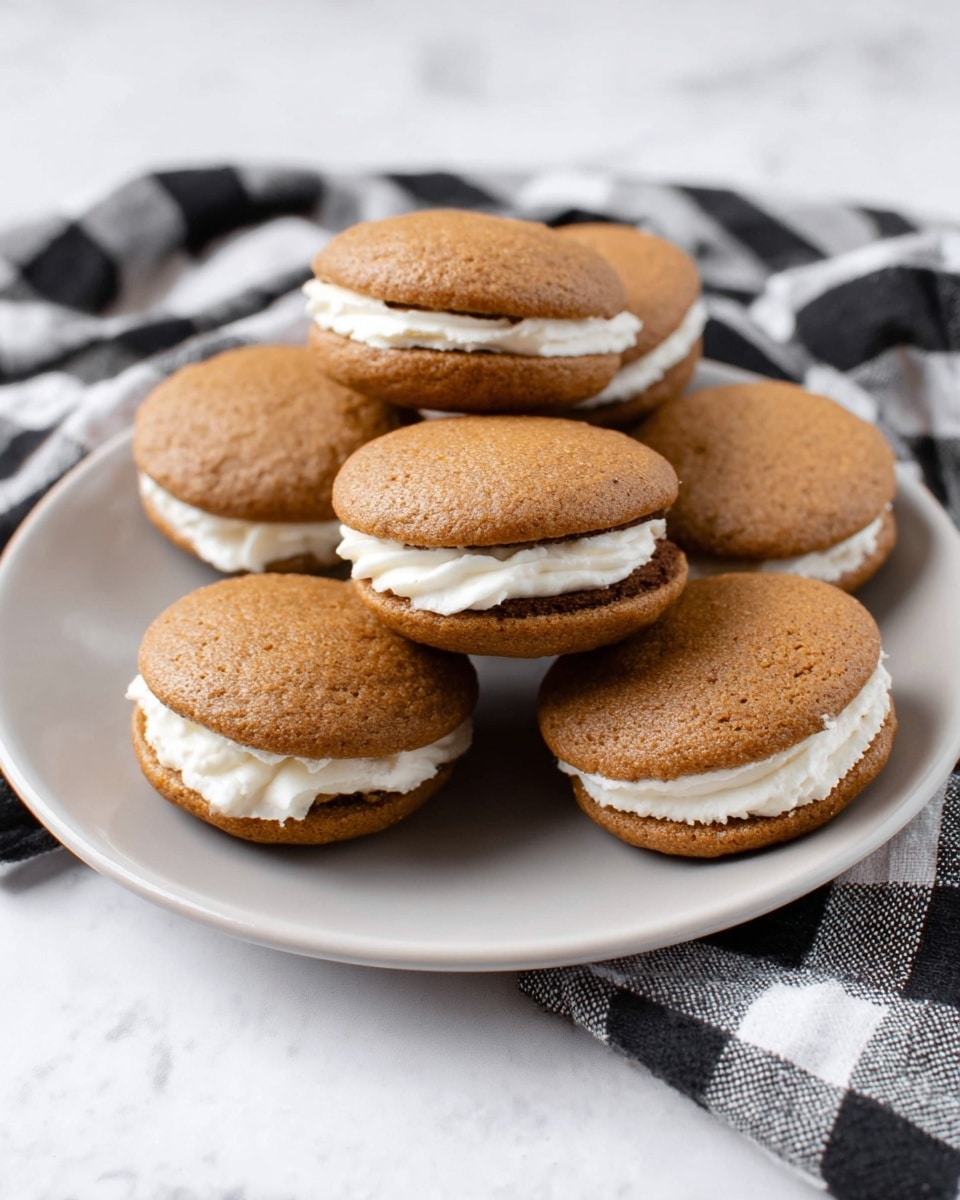 A pile of small sandwich cookies with two round, soft brown cake layers and a thick white cream filling in between each, placed on a simple white plate sitting on a white marbled surface with a black and white checkered cloth partially underneath. The cookies have a smooth texture on top and the cream filling peeks out unevenly from the sides, showing a soft and creamy texture. photo taken with an iphone --ar 4:5 --v 7