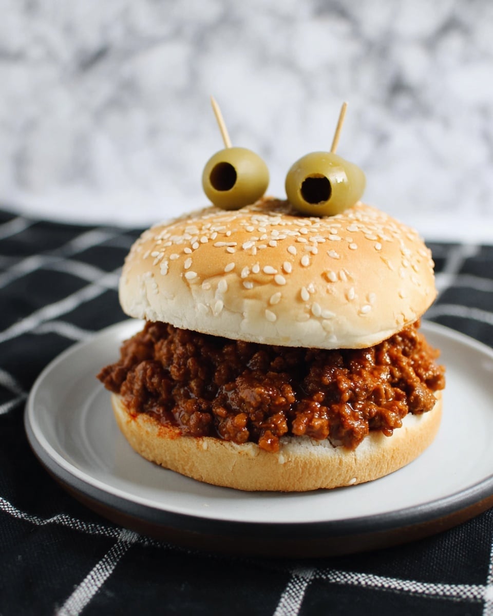 A sloppy joe sandwich on a white sesame seed bun with two green olives on toothpicks stuck into the top. The sandwich has a thick layer of browned and saucy ground beef filling spilling slightly over the bottom bun. It sits on a white plate, placed on a black and white checkered cloth with a white marbled surface in the background. photo taken with an iphone --ar 4:5 --v 7
