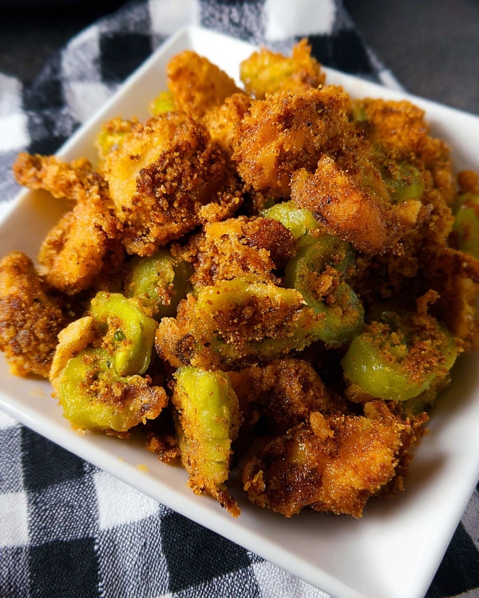A white square dish is filled with a pile of crispy fried green chili pieces, each coated in a golden brown crumbly crust. The fried chilies are irregular in shape with some bright green parts visible under the crunchy coating. The dish is placed on a surface with a black and white checkered cloth underneath. The texture of the fried pieces looks rough and crunchy with some darker browned spots showing extra crispiness. photo taken with an iphone --ar 4:5 --v 7