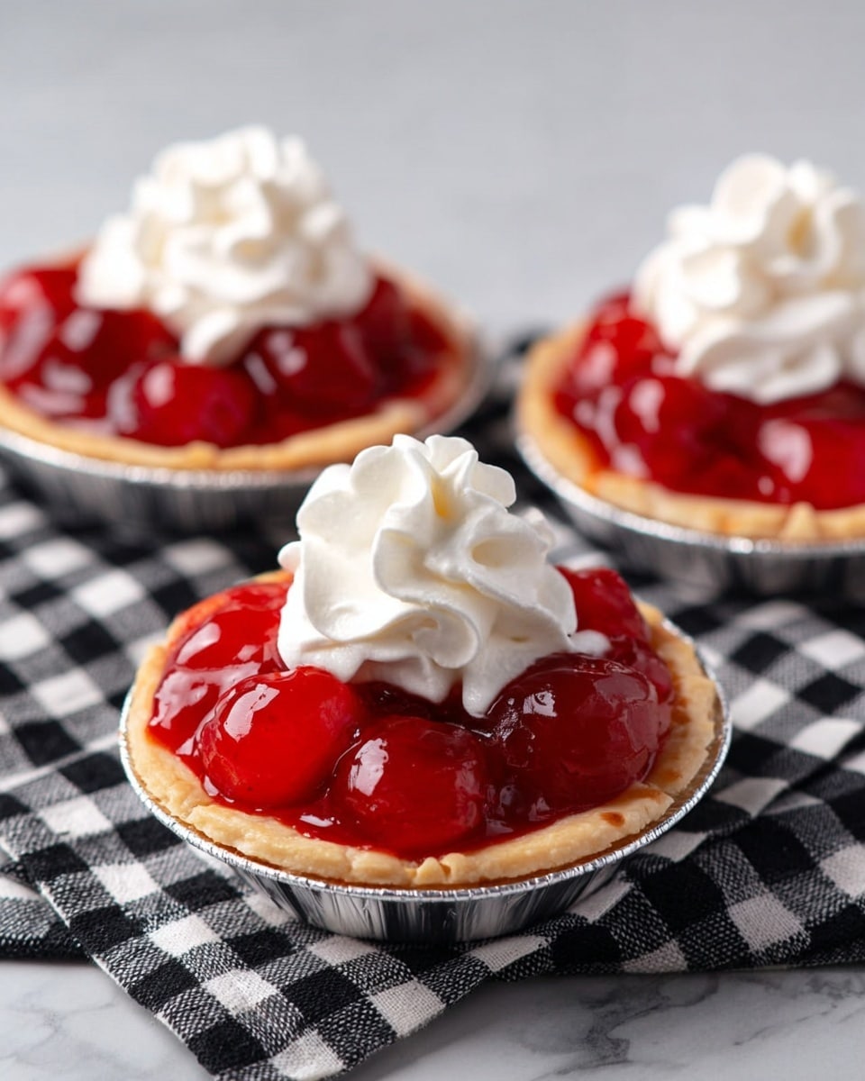 The image shows three small cherry tarts placed on a black and white checkered cloth over a white marbled surface. Each tart has a shiny, deep red cherry filling full of whole cherries, slightly glossy in texture, sitting in a light golden tart crust inside a silver foil cup. On top of the cherry layer, there is a dollop of soft white whipped cream with a smooth and fluffy texture. The tarts are arranged in a triangular pattern with one tart in the front and two slightly blurred in the background. photo taken with an iphone --ar 4:5 --v 7