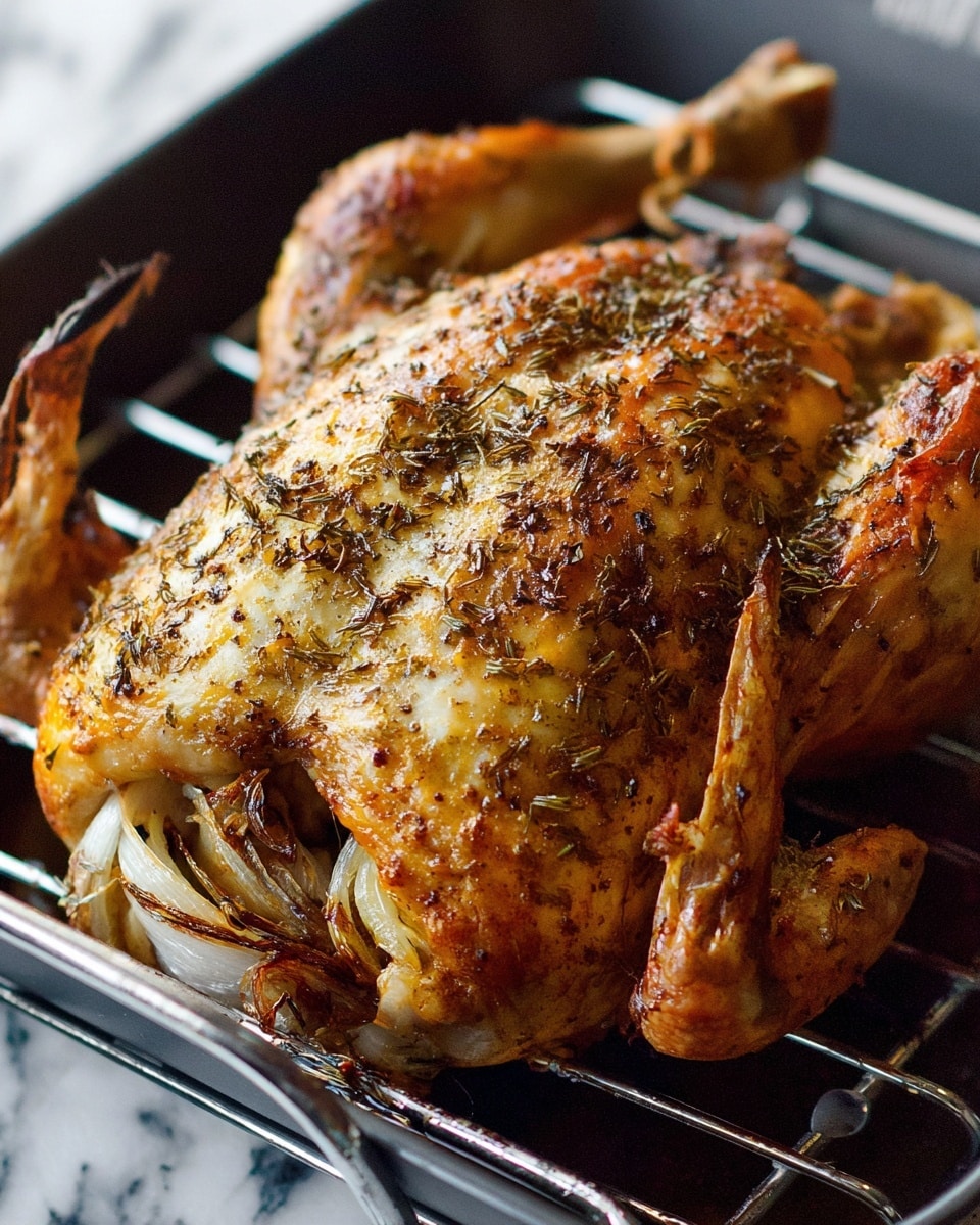 A roasted whole bird with crispy, golden-brown skin covered in herbs, resting on a metal rack inside a cooking pan. The bird's surface shows a mix of light and dark brown shades with visible seasoning, and inside the cavity, there are pieces of browned onions layered. The wings and legs are tucked close to the body, and the overall texture looks crunchy and well-cooked. The scene is set against a white marbled background. photo taken with an iphone --ar 4:5 --v 7