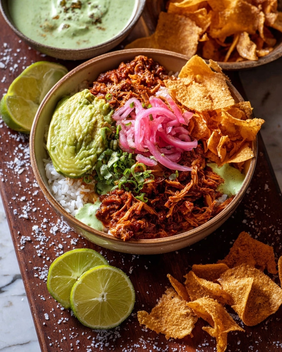 A bowl with three main layers: the bottom layer is white rice, on top of it a thick layer of reddish-brown shredded meat cooked in sauce, and on one side a large piece of light green avocado. Around the meat and rice, there are small piles of bright pink pickled onions, green sliced scallions, and orange crispy chips. A pale green creamy sauce is drizzled among some scallions. Next to the bowl, there are three fresh lime wedges on a white marbled surface, along with more crispy chips sprinkled with coarse salt. The bowl is placed on a dark wooden board. Photo taken with an iphone --ar 4:5 --v 7