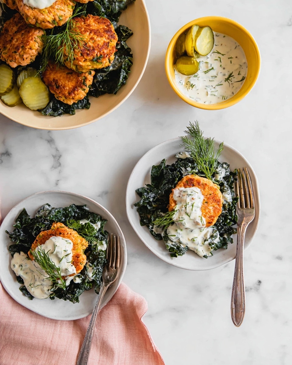 The image shows two white plates, each layered with a base of dark green kale mixed with a white creamy dressing. On top of each bed of kale, there are two golden-brown, slightly crispy salmon patties garnished with small sprigs of fresh green dill. One patty on each plate also has a dollop of white sauce with herbs. In the upper left, there is a white bowl holding several golden salmon patties topped with the same white sauce and dill, alongside small green pickles. A yellow bowl filled with the white herb sauce is placed next to the patties in the bowl. A silver spoon rests inside the yellow bowl, and silver forks are placed on the plates. The entire setting is on a white marbled surface with a pale pink cloth napkin near the bottom. photo taken with an iphone --ar 4:5 --v 7