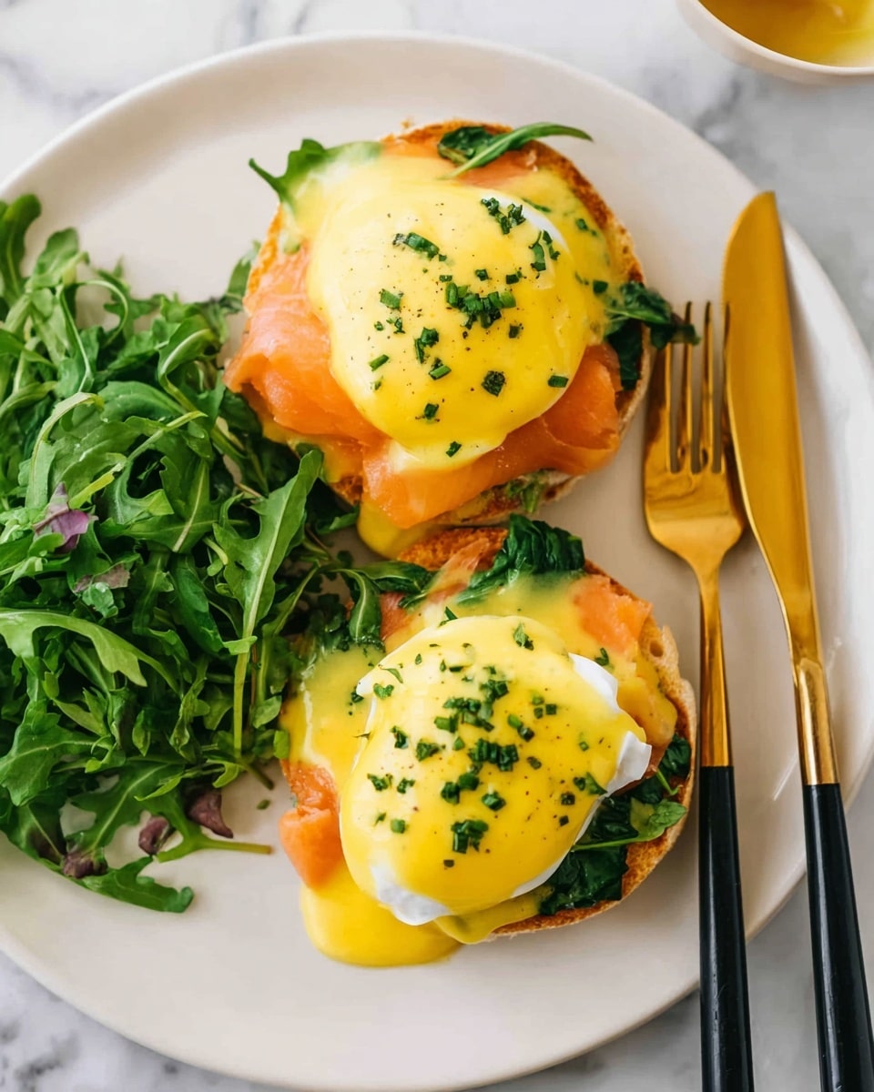 Two eggs Benedict are served on a white plate with two toasted English muffin halves as the base. On each muffin, there is a layer of green leafy spinach, topped with pink smoked salmon. Poached eggs sit on the salmon, covered by a thick, smooth yellow hollandaise sauce sprinkled with chopped herbs. On the left side of the plate is a small pile of fresh green arugula leaves. To the right of the plate, there is a gold and black fork and knife resting together. The plate is placed on a white marbled surface. photo taken with an iphone --ar 4:5 --v 7