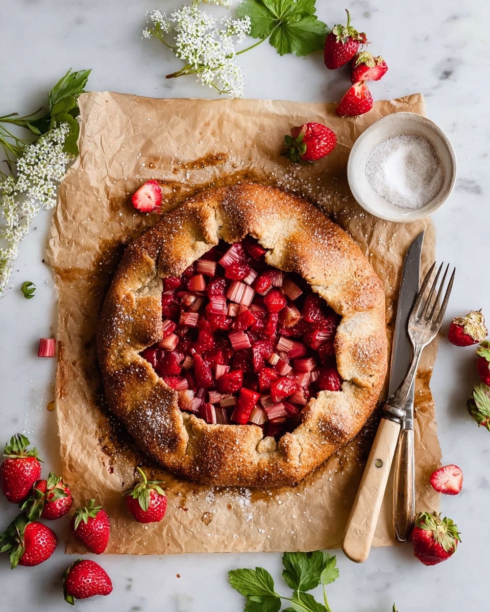 The image shows a round rustic galette with a golden-brown, crispy crust folded over the edges, sprinkled with coarse sugar. The center is filled with bright red, juicy strawberries and small pieces of rhubarb, creating a vibrant red and pink mix. The galette sits on brown parchment paper that is slightly stained from baking, placed on a white marbled surface. Around the galette, there are fresh strawberries with green leaves and a few small white flowers. To the side, a knife with a light wooden handle and two silver forks rest casually. A small white bowl of raw sugar and a cup of cream or milk complete the scene. photo taken with an iphone --ar 4:5 --v 7