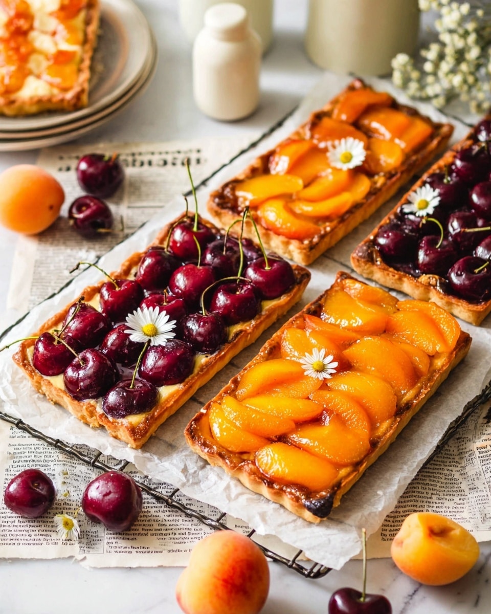 The image shows six rectangular fruit tarts on a cooling rack lined with white parchment paper, placed over a newspaper on a white marbled surface. Each tart has a golden-brown crust as the bottom layer. Three tarts are topped with glossy, dark red cherries arranged in two rows of three, and the other three tarts are covered with bright orange apricot slices neatly layered in a slightly overlapping pattern. Small white daisy flowers decorate a few tarts gently placed on top. Nearby, whole fresh apricots and dark red cherries are scattered around for decoration. In the background, there are two white jars and some small white flowers adding a soft touch. Photo taken with an iphone --ar 4:5 --v 7