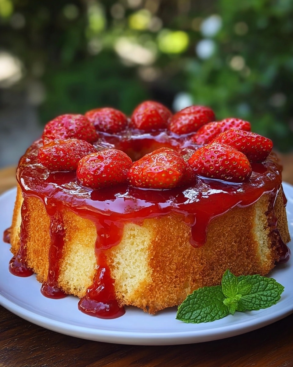 A round sponge cake with a golden-brown crust and a soft, light yellow inside sits on a white plate. The cake has about two layers, with the top covered in bright red, shiny strawberry sauce that drips down the sides. On top, there are fresh strawberry halves arranged in a circle around the edge, adding a fresh red color with their smooth texture. A small green mint leaf rests near the base on the plate. The background shows a blurred green garden. photo taken with an iphone --ar 4:5 --v 7