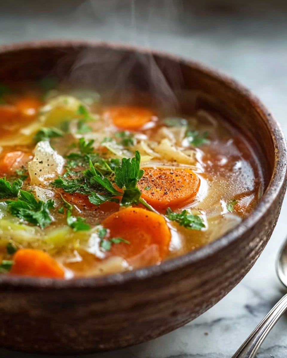 A close-up view of a bowl of steaming vegetable soup in a textured brown bowl placed on a white marbled surface. The soup has a clear broth with floating slices of bright orange carrots and pale green cabbage, topped with fresh green parsley leaves and a sprinkle of black pepper. Wisps of steam rise from the hot soup, adding a sense of warmth and freshness. A silver spoon rests next to the bowl on the white marbled surface. photo taken with an iphone --ar 4:5 --v 7