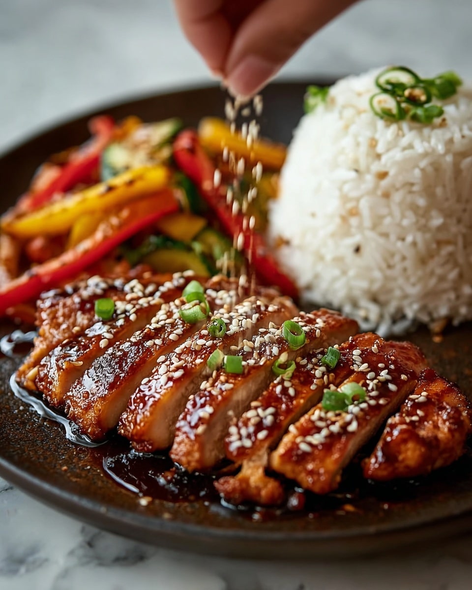 A dark round plate holds a visually rich dish with three main parts: in the front, six glossy, caramel-brown grilled chicken slices are lined up, each glistening with a sticky glaze and sprinkled with white sesame seeds and small green onion pieces. Behind the chicken to the right, a neat round mound of white rice sits, simple in texture, topped with a few green onion bits. To the left and slightly blurred, a colorful mix of stir-fried vegetables, including red and yellow bell peppers with green zucchini sliced into thin strips, adds vibrant contrast. A woman's hand is seen sprinkling sesame seeds over the chicken, caught mid-action, adding a dynamic touch. The surface under the plate is changed to a white marbled texture. Photo taken with an iphone --ar 4:5 --v 7