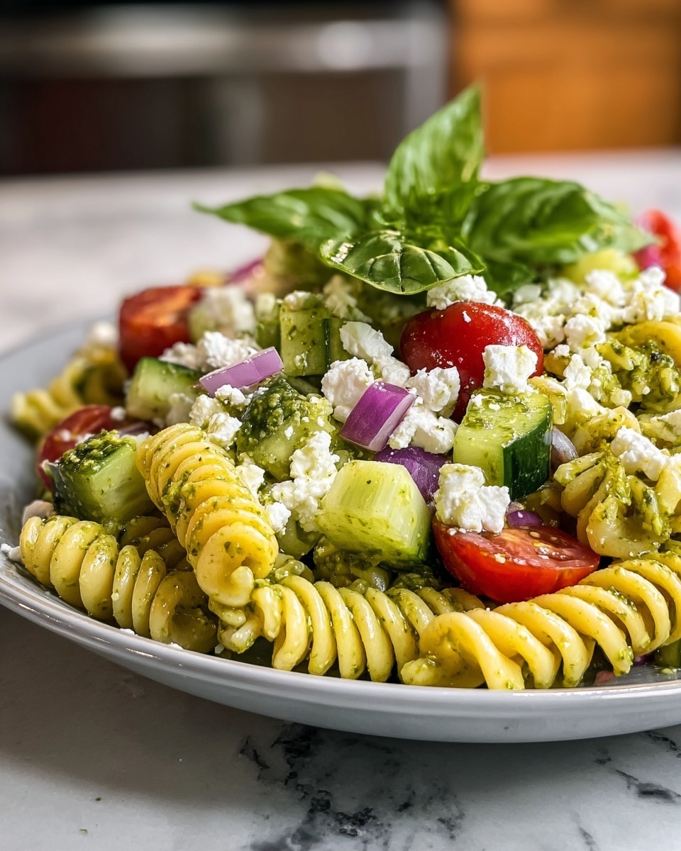 A close-up of a white plate filled with a colorful pasta salad showing three main layers: the bottom layer features yellow spiral pasta swirled with green pesto sauce, the middle layer is made of chunky green cucumber pieces, bright red halved cherry tomatoes, and small purple onion pieces, topped with scattered white crumbles of cheese. In the center, a small bunch of fresh green basil leaves rests on top, adding texture and color contrast. The plate is placed on a white marbled surface with a blurred kitchen background. photo taken with an iphone --ar 4:5 --v 7
