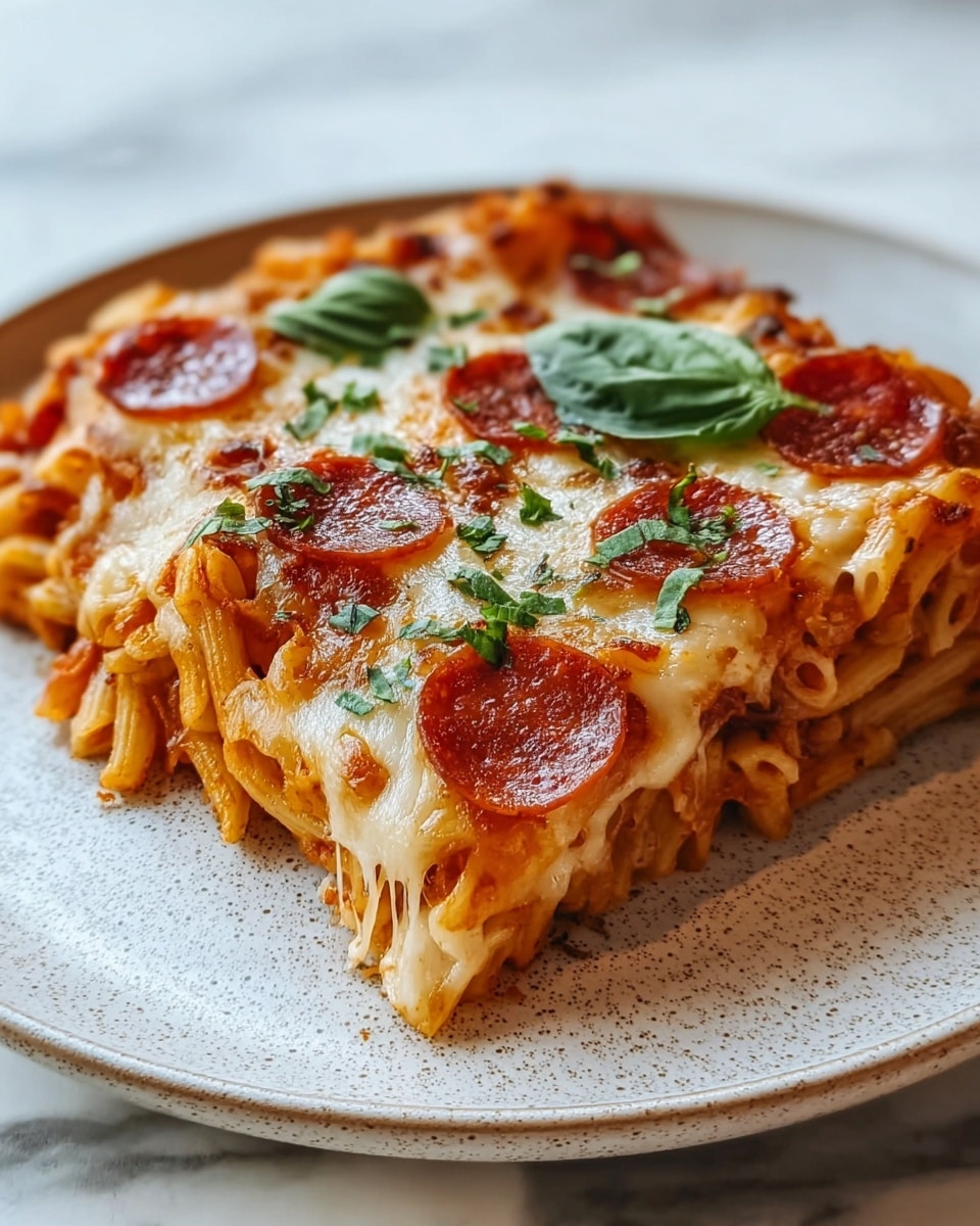 A square slice of baked pasta is shown on a white plate with a speckled texture, placed on a white marbled surface. The dish has three visible layers of short tube-shaped pasta soaked in a rich tomato sauce, topped with melted, golden-brown cheese that stretches slightly on the side. Pepperoni slices are spread evenly across the top layer, with small green herb pieces scattered over the cheese. There are fresh basil leaves placed on top, adding a bright green contrast to the golden and red tones of the dish. Photo taken with an iphone --ar 4:5 --v 7