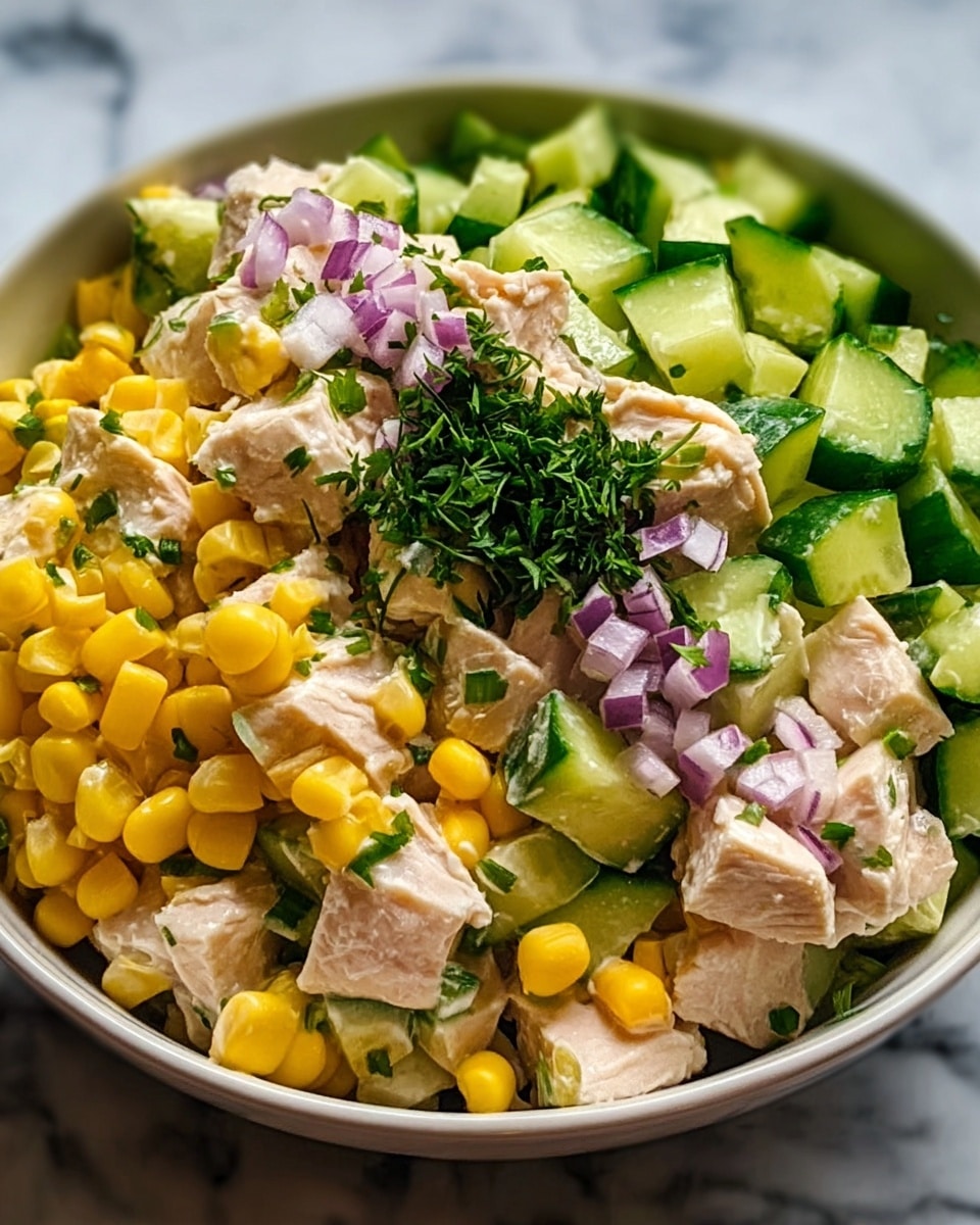 A close-up of a white bowl filled with a colorful salad showing three main layers: large chunks of pale cooked chicken forming the bottom layer, bright yellow corn kernels scattered throughout as the middle layer, and freshly chopped green cucumber pieces along with small purple onion cubes on top; the salad is garnished with finely chopped green herbs in the center, all against a smooth white marbled texture background. photo taken with an iphone --ar 4:5 --v 7