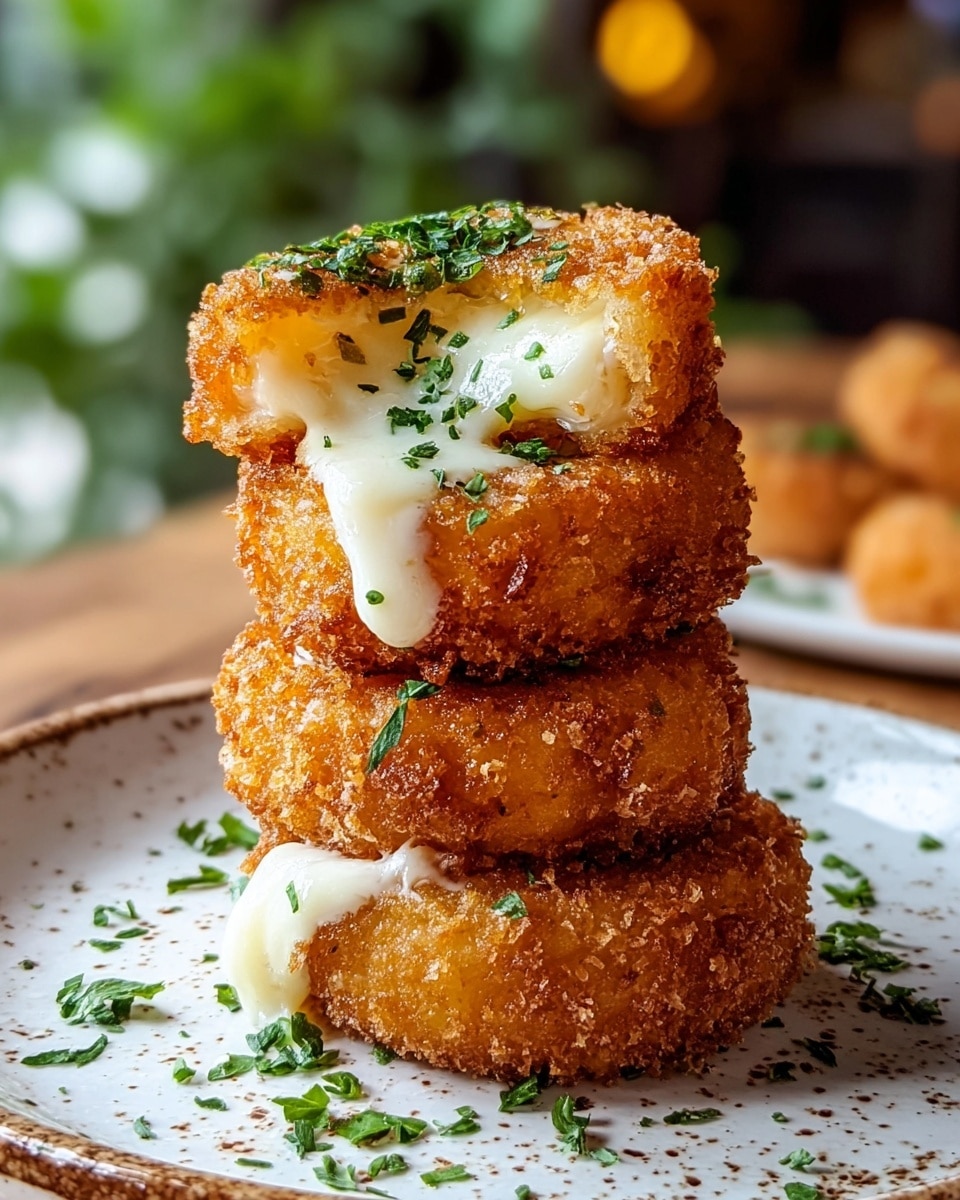 A close-up shows a stack of four round, golden-brown fried cheese bites on a white plate with brown speckles, placed on a wooden surface with a white marbled texture in the background. Each bite has a crunchy, textured coating with creamy white melted cheese oozing out from the sides in small amounts. The top cheese bite is garnished with finely chopped green herbs, and some herbs are also scattered on the plate around the stack. The warm colors and details highlight the crispiness and gooey cheese inside. Photo taken with an iphone --ar 4:5 --v 7