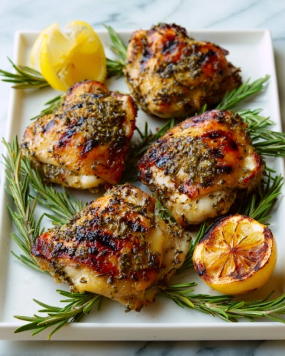 The image shows four pieces of golden-brown grilled chicken thighs with a crispy skin, seasoned with herbs and black pepper, arranged on a white rectangular plate. The chicken pieces are placed over green rosemary sprigs, adding a touch of color and texture under and around them. On the right side of the plate, there is a slice of grilled lemon with char marks, giving a bright yellow contrast. Another fresh lemon wedge with its bright yellow skin is placed on the left side of the plate. The plate is set on a white marbled surface. Photo taken with an iphone --ar 4:5 --v 7