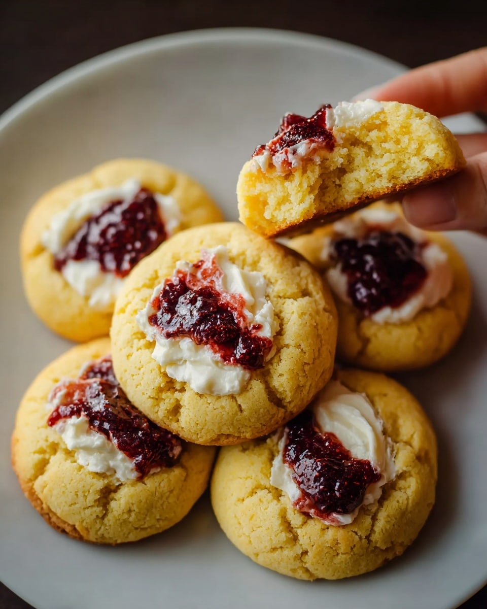 A close-up view of five golden-yellow cookies arranged on a white plate with a smooth texture, placed on a white marbled surface. Each cookie has a slightly cracked surface with a round shape and soft texture. On top of each cookie, there is a dollop of white creamy filling mixed with a dark red berry jam that looks thick and slightly glossy. One cookie is broken in half and held above the others by a woman's hand, revealing a soft, crumbly inside with swirls of the white filling and dark red jam. The whole scene looks warm and inviting with soft lighting. Photo taken with an iphone --ar 4:5 --v 7