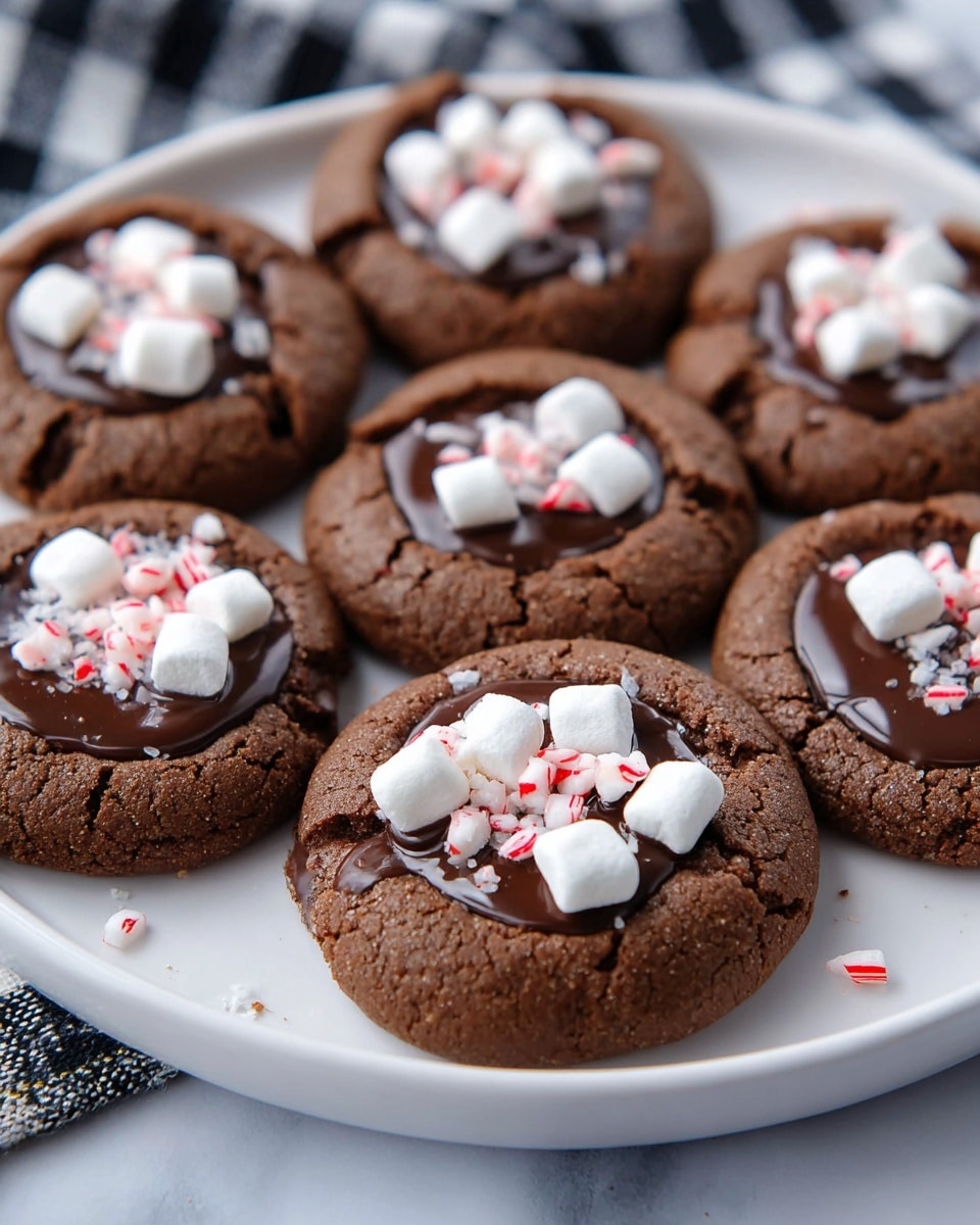 Seven round chocolate cookies are arranged on a white plate with a white marbled texture under it and a black and white checkered cloth nearby. Each cookie has a thick, dark brown base layer with a cracked texture around the edges. In the center of each cookie, there is a glossy chocolate layer, smooth and shiny with a rich dark brown color. On top of the chocolate, small white mini marshmallows and crushed peppermint candy pieces with white and red stripes are scattered, adding texture and contrast. The cookies look soft with a slight crumbly edge. Photo taken with an iphone --ar 4:5 --v 7