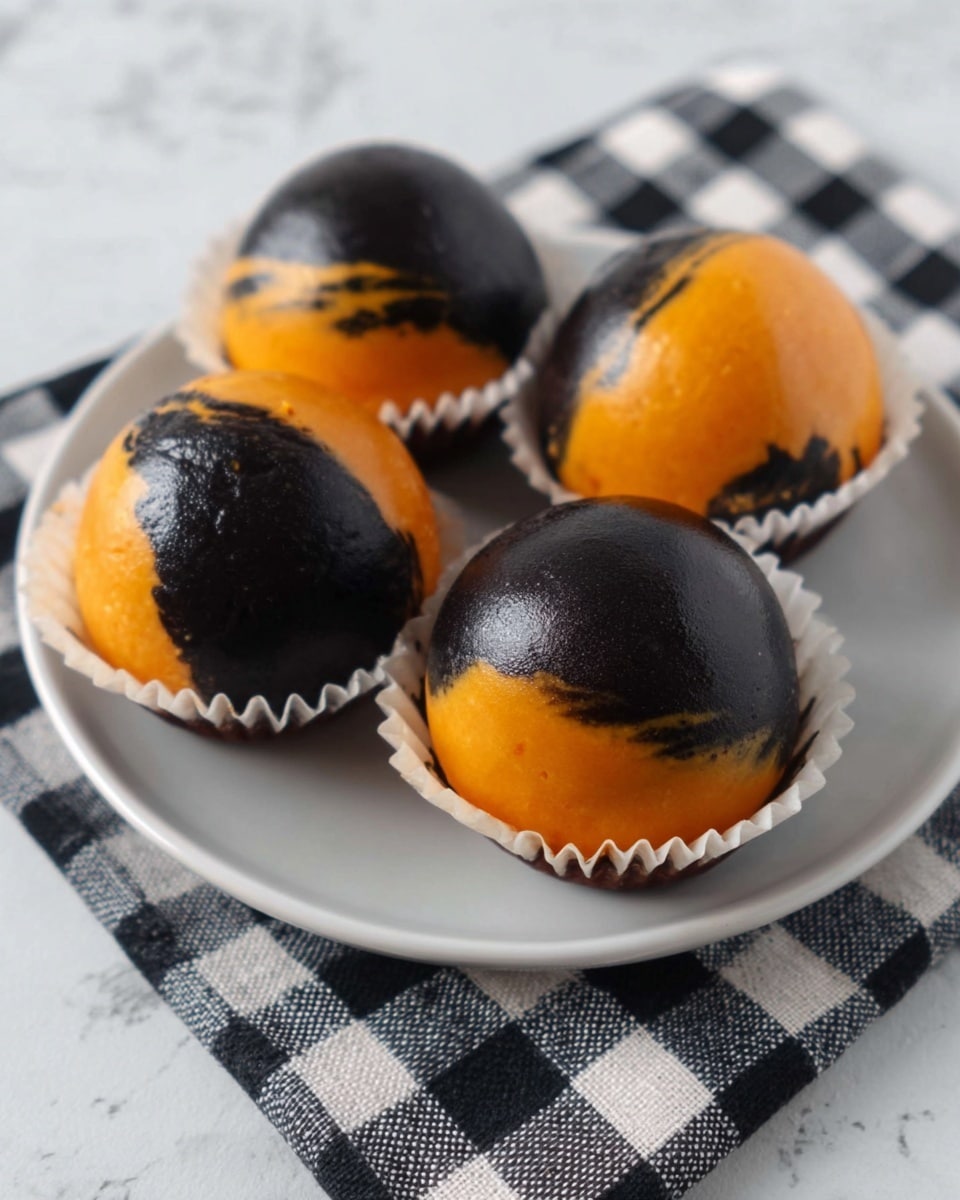 The image shows four round desserts placed on a white plate set on a checkered cloth with a white marbled background. Each dessert is shaped like a smooth dome with two mixed colors: shiny black covering about half or slightly more, and bright orange blending unevenly into the black, creating a marbled effect. The desserts sit in white paper cups with pleated edges, adding texture around the base. The orange parts of the dome are smooth and glossy, while the black parts have a similarly smooth finish but slightly more reflective. Photo taken with an iphone --ar 4:5 --v 7