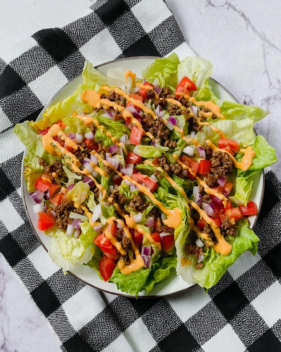 A white plate with a black grid pattern holds a layered salad consisting of green iceberg lettuce leaves as the base, topped with chopped red tomatoes and diced light purple onions, with scattered small pieces of cooked ground beef and a drizzle of creamy orange dressing evenly spread across the layers. The plate rests on a black and white checkered cloth over a white marbled surface. photo taken with an iphone --ar 4:5 --v 7