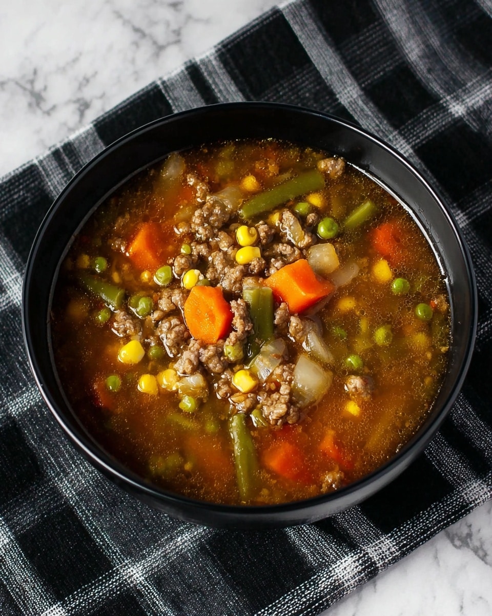 The image shows a black bowl filled with a thick vegetable and meat soup, placed on a black and white checkered cloth over a white marbled surface. The soup has a clear brown broth with visible chunks of ground meat, bright orange carrot pieces, yellow corn kernels, green peas, and green beans. The ingredients are mixed throughout the broth, filling the bowl nearly to the top, creating a hearty and colorful look. photo taken with an iphone --ar 4:5 --v 7