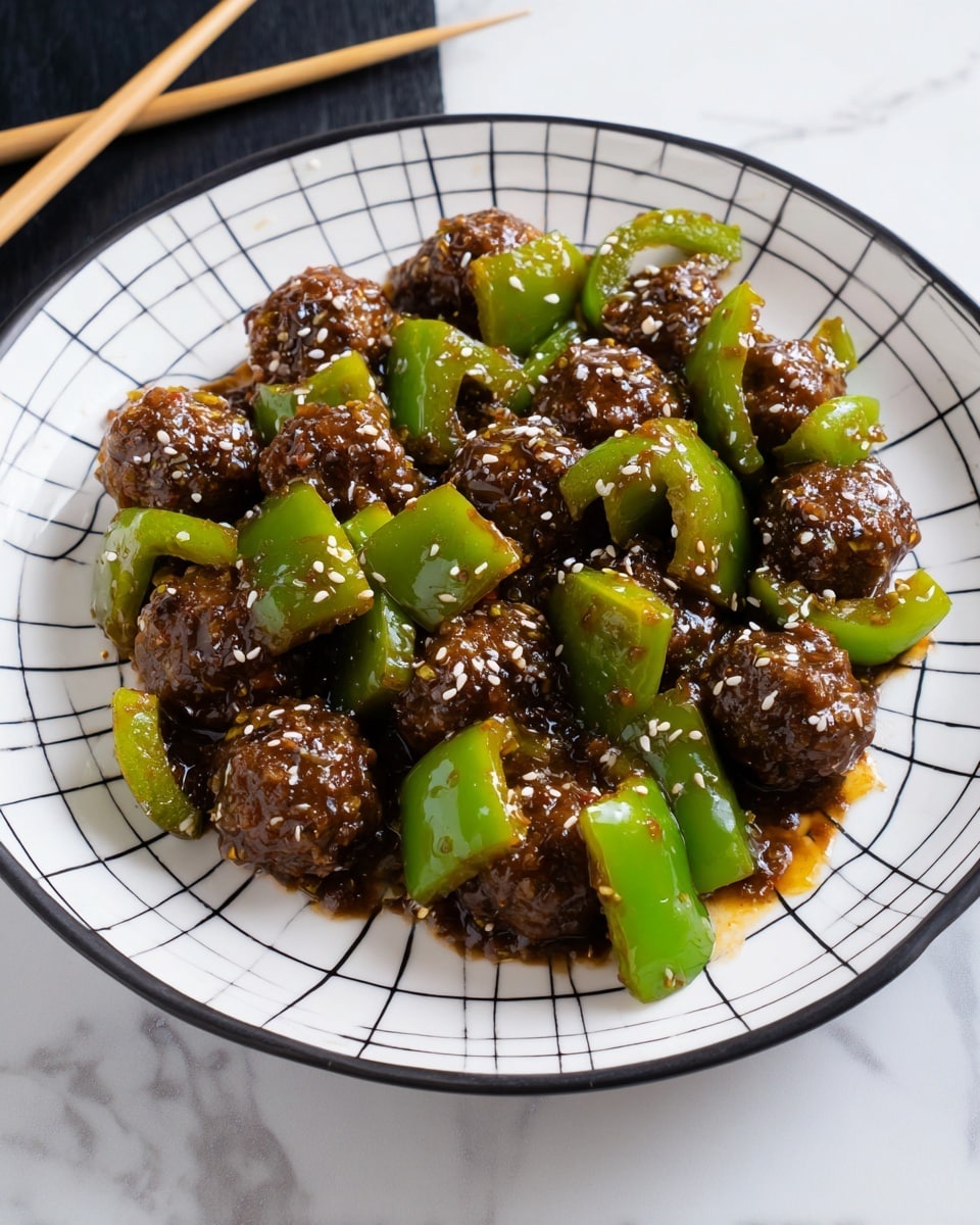 A white plate with a black grid pattern holds a dish of glossy, dark brown meatballs coated in a thick sauce, mixed with bright green bell pepper pieces that are cut into medium-sized chunks. The meatballs and peppers are sprinkled with small white sesame seeds, adding texture. The sauce looks sticky and slightly shiny, pooling a little around the food, and the plate sits on a white marbled surface with a pair of wooden chopsticks resting on the left side. photo taken with an iphone --ar 4:5 --v 7