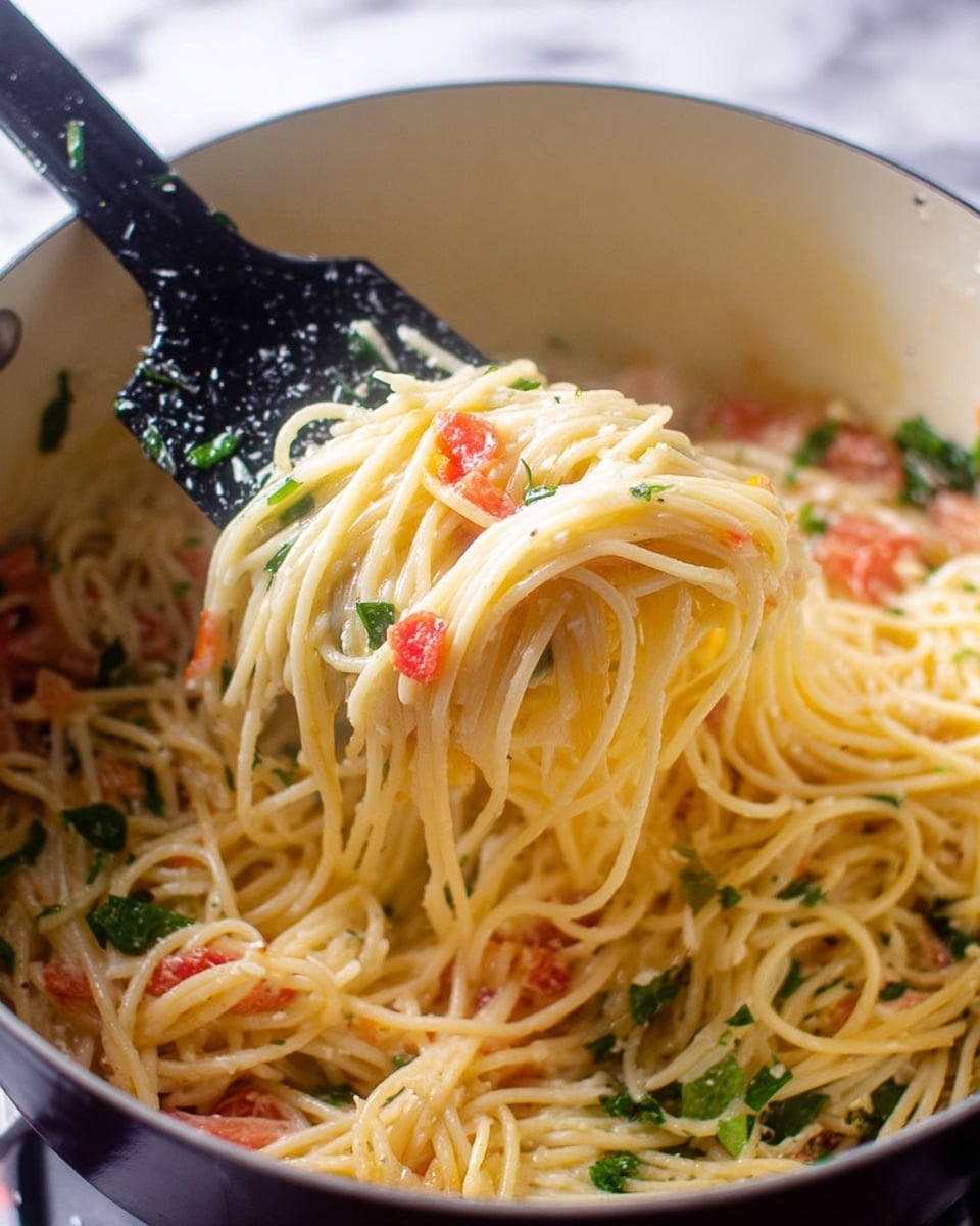 A close-up view of a pot filled with spaghetti pasta mixed with small pieces of red tomato and green leafy herbs, all coated in a light creamy sauce. The spaghetti strands are long, thin, and pale yellow, lifted by a black spatula that has a slight sheen of sauce on it. The green herbs and red tomato pieces are scattered throughout, adding color contrast to the pale noodles. The pot is white on the inside, and the photo is set against a white marbled textured surface. photo taken with an iphone --ar 4:5 --v 7