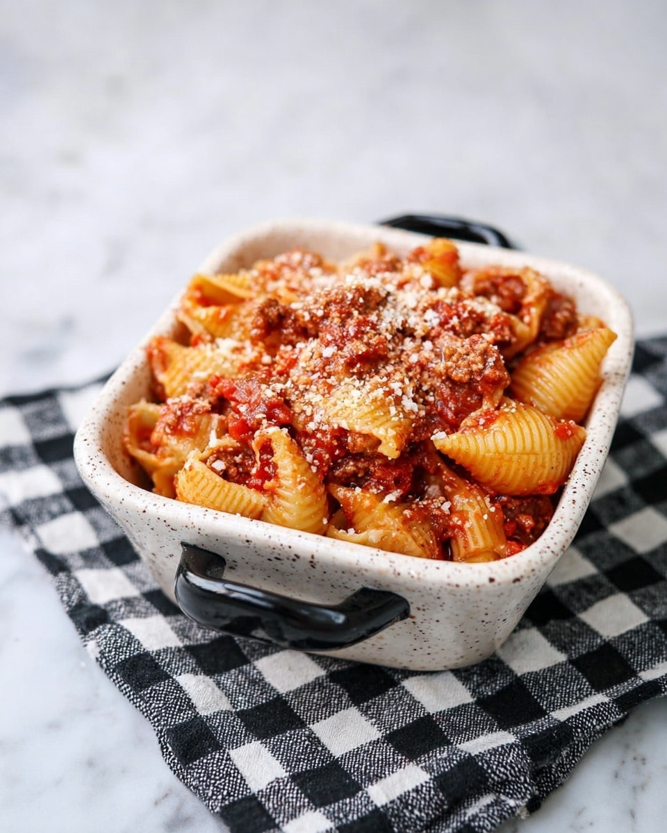 A white speckled small square bowl with black handles is filled with pasta shells topped with chunky red tomato sauce mixed with ground meat, and sprinkled with grated white cheese. The bowl is placed on a black and white checkered cloth over a white marbled surface. The pasta is golden yellow with ridges, and the sauce looks thick with visible tomato pieces and meat bits, covering most pasta pieces evenly. Photo taken with an iphone --ar 4:5 --v 7
