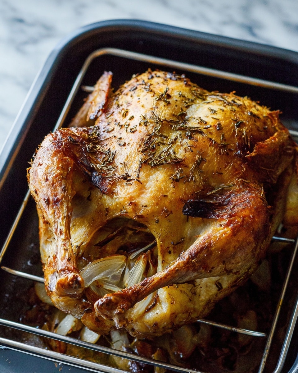 A whole roasted chicken with golden brown, crispy skin sprinkled with small dried herbs, lying on a metal rack inside a black roasting pan. The chicken is stuffed with slices of slightly charred onion which are visible from the open cavity. The wings and legs are stretched out, showing a cooked and crunchy texture. The black roasting pan contrasts with the shiny metal rack and the bird's browned skin, all set against a soft white marbled background. Photo taken with an iphone --ar 4:5 --v 7