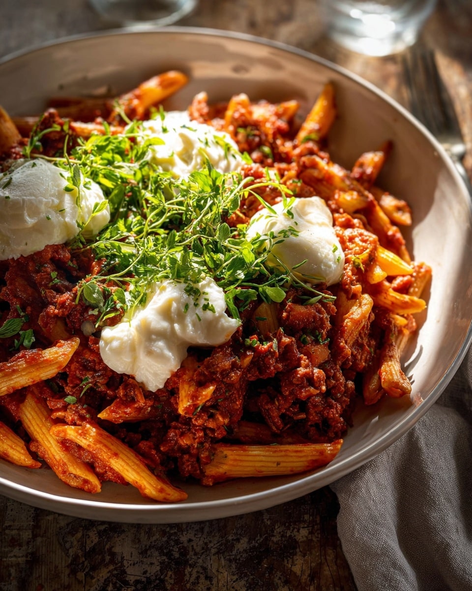 A white deep dish bowl filled with penne pasta covered in thick, chunky red tomato meat sauce. The pasta and sauce mix fills the bowl almost to the rim, with the sauce showing a rich, textured surface from the cooked ground meat. On top, there are three large dollops of smooth, white creamy cheese, garnished with bright green fresh herbs, adding a fresh contrast to the red sauce below. The whole dish is set on a rustic wooden table with soft natural light casting shadows and highlights. Photo taken with an iphone --ar 4:5 --v 7