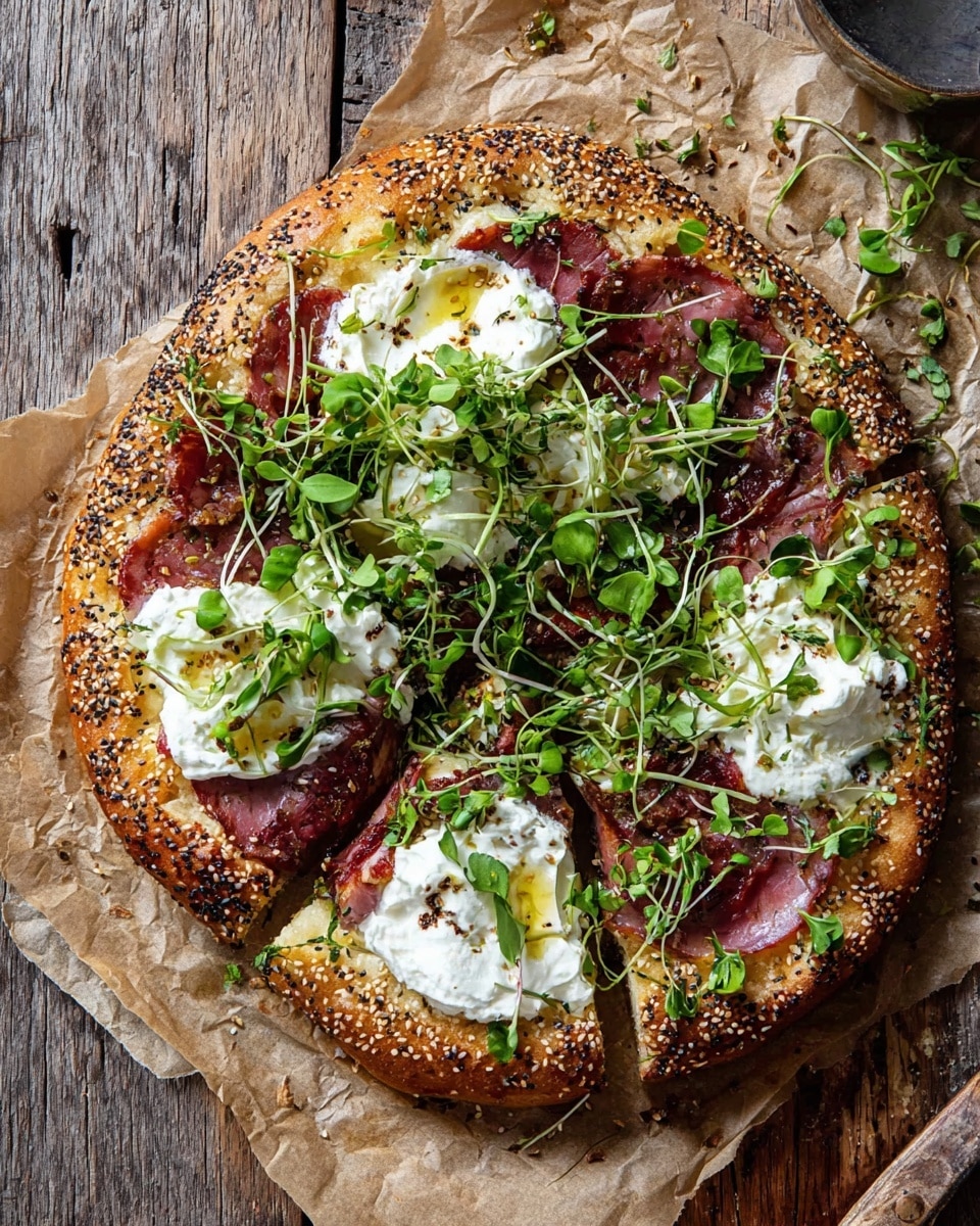 A round pizza with a thick, golden-brown crust covered in sesame seeds forms the base. On top, there are thin, light brown slices of grilled or cooked vegetables, layered with dark red slices of cured meat placed evenly. Large dollops of creamy white cheese with a slightly soft and airy texture are spread on the pizza, drizzled lightly with golden olive oil. Bright green fresh microgreens and herbs are scattered liberally on top, adding a fresh, leafy texture. The pizza rests on a piece of parchment paper over a rustic wooden surface. Photo taken with an iphone --ar 4:5 --v 7