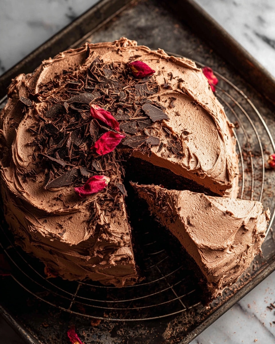 A round chocolate cake with two thick layers covered in smooth, rich chocolate frosting is shown with one slice slightly separated from the whole. The top is decorated with generous swirls of creamy frosting, scattered dark chocolate shavings, and a few red dried flower petals. The cake rests on a wire rack over a dark surface, and the texture of the frosting looks soft and whipped with a thick, uneven spread. photo taken with an iphone --ar 4:5 --v 7
