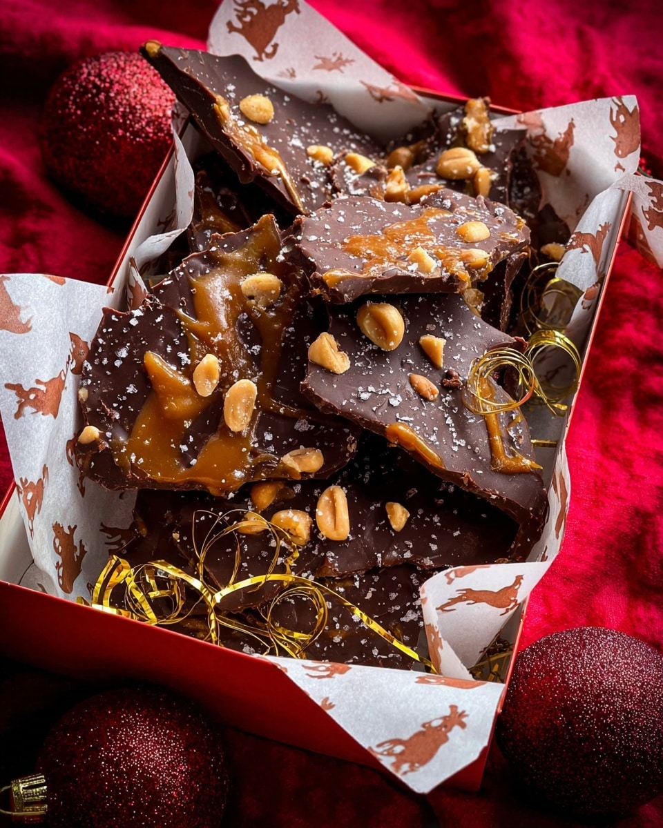 The image shows thick pieces of chocolate peanut brittle arranged inside a white box lined with white paper that has small brown reindeer and snowflake prints. Each piece has a dark brown chocolate base, topped with whole and halved roasted peanuts, with coarse sea salt sprinkled on top. Some pieces have a shiny caramel layer with a slightly rough texture on one side. Golden brown ribbons loop around and between the brittle pieces, adding a festive touch. The box sits on a rich red velvet surface with deep textured patterns, with red and gold Christmas ornaments nearby. photo taken with an iphone --ar 4:5 --v 7