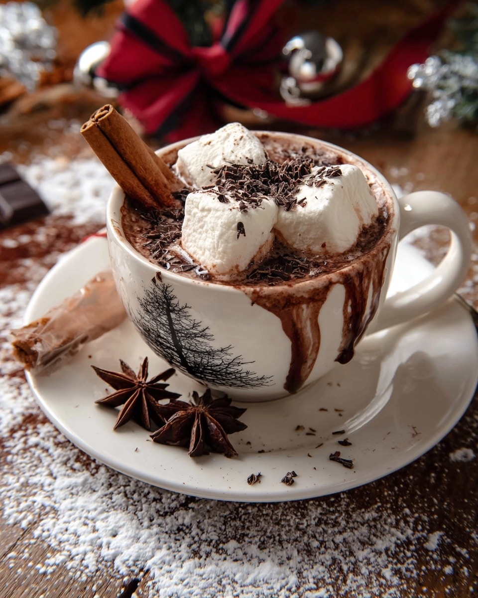 A white cup with a Christmas tree pattern is filled with hot chocolate that is overflowing slightly onto the outside. The drink has three large, soft white marshmallows floating on top, sprinkled with small dark chocolate shavings. Two cinnamon sticks and a star anise rest on the cup's handle, adding texture and warmth. The cup sits on a plain white saucer placed on a wooden surface scattered with white powdered sugar, a silver jingle bell with a red velvet ribbon, and a dark red and black plaid cloth softly blurred in the background. photo taken with an iphone --ar 4:5 --v 7