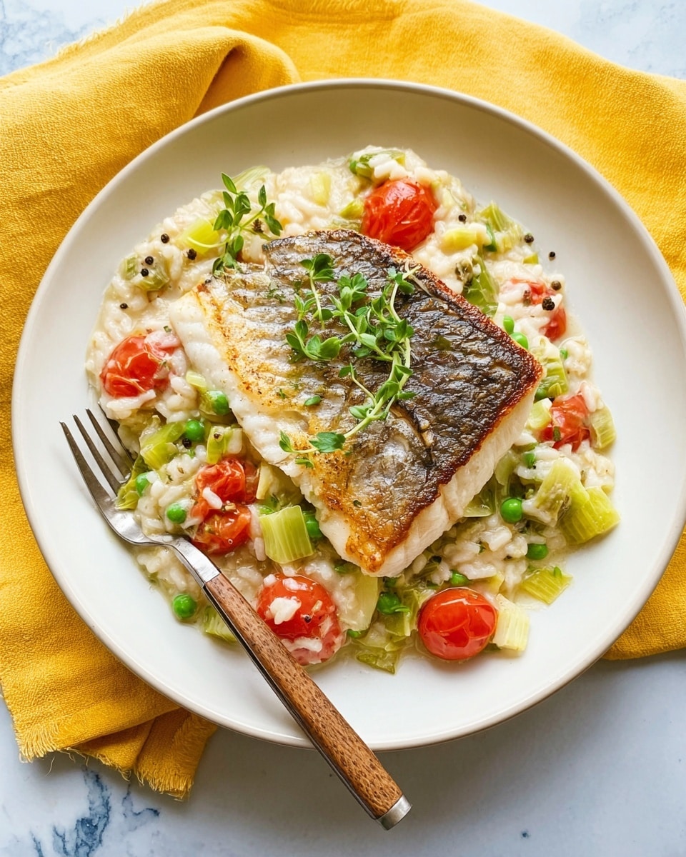 A white plate sits on a white marbled surface with a yellow cloth napkin beneath part of it. On the plate is a layered dish starting with a creamy base made of small grains mixed with light green vegetable pieces, creamy white in color, and spread flat across the plate. On top of this base, bright red cherry tomatoes, whole and shiny, are scattered evenly. The top layer features a thick, golden-brown, cooked fish fillet with visible seasoning and a slightly crispy skin. A small green herb garnish rests on the fish, adding a fresh touch. A fork with a wooden handle rests on the plate's edge. Photo taken with an iphone --ar 4:5 --v 7