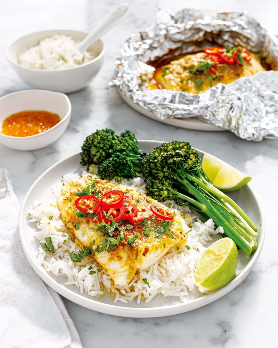 A white plate holds a bed of white rice topped with a golden-yellow baked fish fillet covered in thinly sliced red chili and green herbs for garnish. To the side of the fish and rice is a small cluster of bright green broccolini stalks. A lime wedge sits near the broccolini on the plate’s edge. Behind the plate, wrapped baked fish with the same toppings is partially visible inside silver foil, resting on a white marbled surface. Nearby, a small white bowl with orange sauce and a white spoon and another white bowl filled with plain white rice are placed on the same surface. The scene is bright and clean, with a soft natural light. photo taken with an iphone --ar 4:5 --v 7