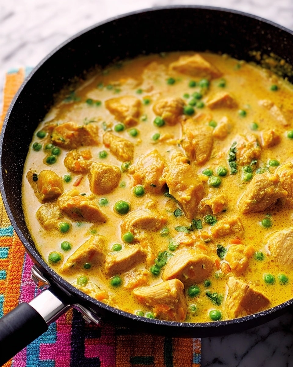 This image shows a black pan filled with a creamy yellow curry with soft texture, containing medium-sized pieces of cooked chicken scattered throughout. There are small bright green peas mixed into the sauce, adding a pop of color. The curry sauce looks rich and smooth, partially covering the chicken pieces, which have a tender, slightly rough texture. The pan is placed on a white marbled surface with a colorful cloth underneath. Photo taken with an iphone --ar 4:5 --v 7