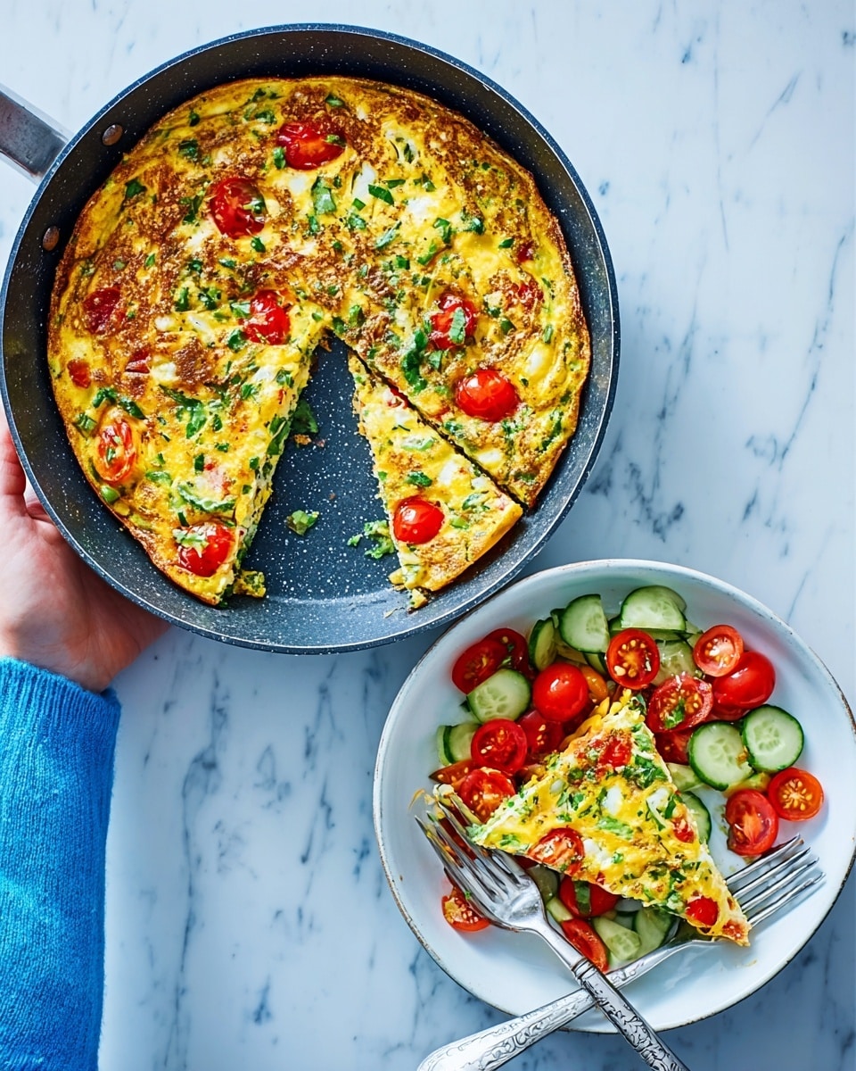 A round omelette in a black pan placed on a white marbled surface, with a slice cut out and inside the omelette layers of yellow cooked eggs, bright red cherry tomatoes, and green herbs all mixed together; next to the pan is a white plate holding the slice, showing the same colorful layers and slightly browned edges, with two silver forks resting on the plate; below is a white bowl filled with a fresh salad made of halved cherry tomatoes, cucumber chunks, and green leaves, all vibrant and fresh. A woman's hand wearing a blue sleeve holds the pan. Photo taken with an iphone --ar 4:5 --v 7
