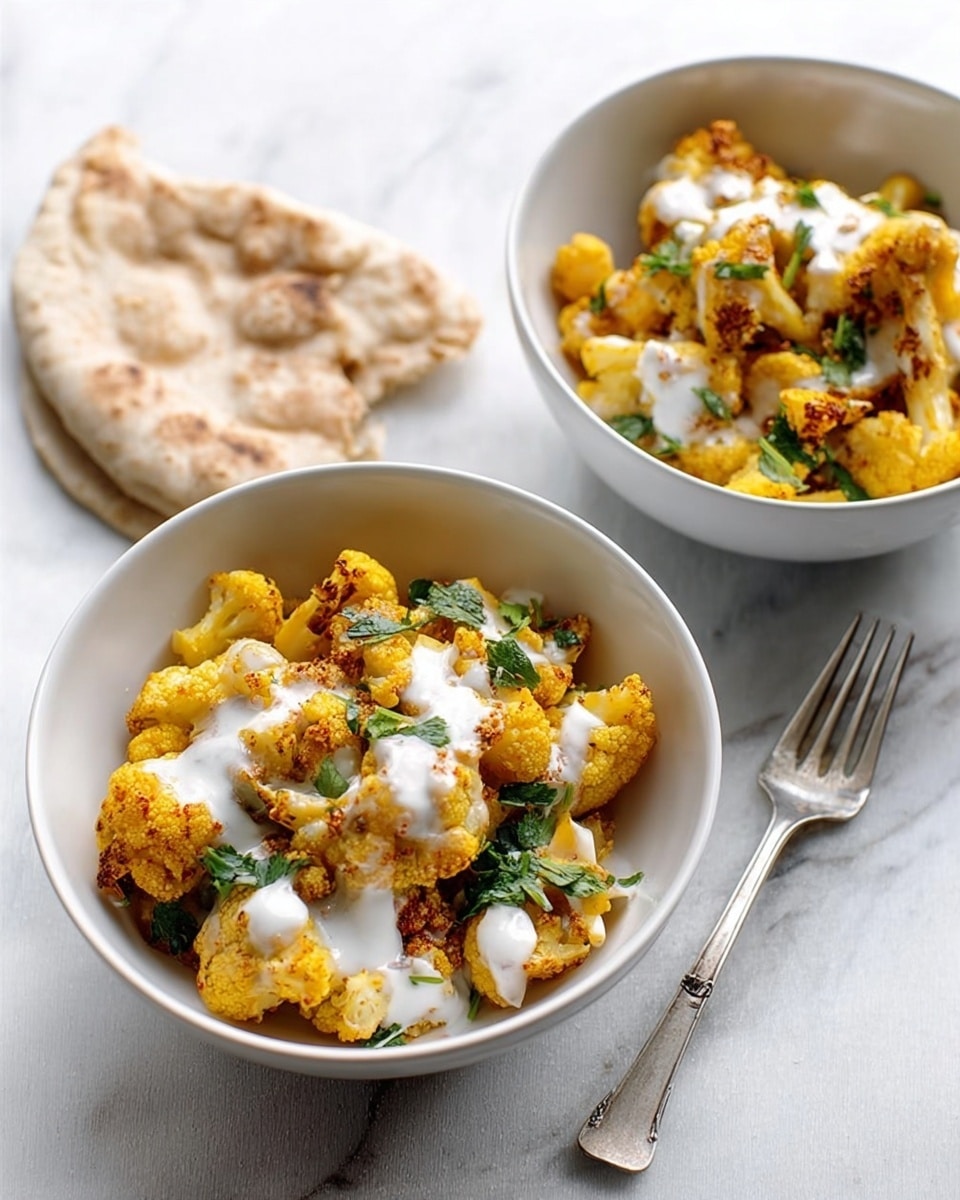 Two white bowls sit on a white marbled surface, each filled with a dish layered with bright yellow cauliflower pieces mixed with small green herb leaves and bits of reddish-brown spices. A drizzle of thick white sauce covers the top layer of the cauliflower, adding a creamy texture that contrasts with the soft vegetables. Next to the bowls is a piece of flatbread, light brown with some darker spots and a slight rough texture. A silver fork lies beside the bread, completing the simple and fresh setting. Photo taken with an iphone --ar 4:5 --v 7