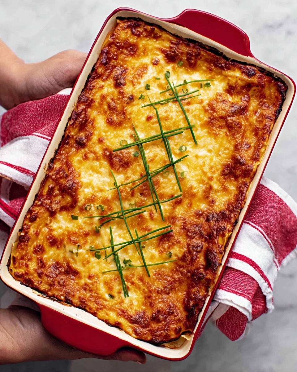 A lasagna in a white rectangular baking dish with a red outer color, held by a woman's hands using a red and white striped cloth. The top layer is golden brown melted cheese with a slightly crispy texture, decorated with a zigzag pattern of thin green chives. The layers underneath are not visible but implied to be traditional pasta, sauce, and cheese layers. The background is a white marbled surface. Photo taken with an iphone --ar 4:5 --v 7