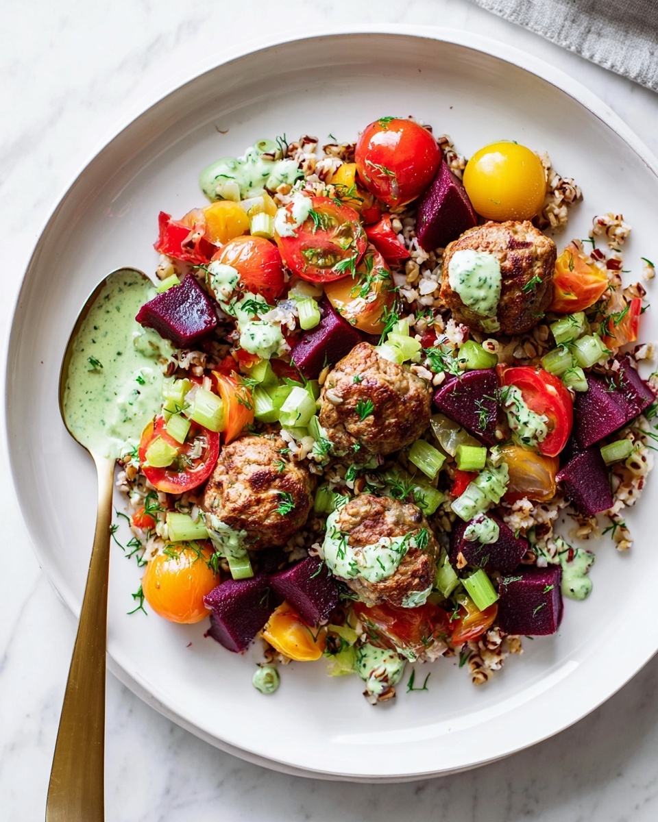 A white plate holds a vibrant layered dish starting with a base of mixed grains and small green vegetable pieces scattered throughout. On top, there are bright red and orange cherry tomato halves, along with dark purple cubes of beetroot. Three browned meatballs sit near the center, each drizzled with a light green creamy sauce. The sauce is also artistically spread in small pools around the plate’s edges. To the left of the plate lies a gold spoon with a white handle, partly covered with the same green sauce. The whole scene is set against a white marbled texture surface. photo taken with an iphone --ar 4:5 --v 7