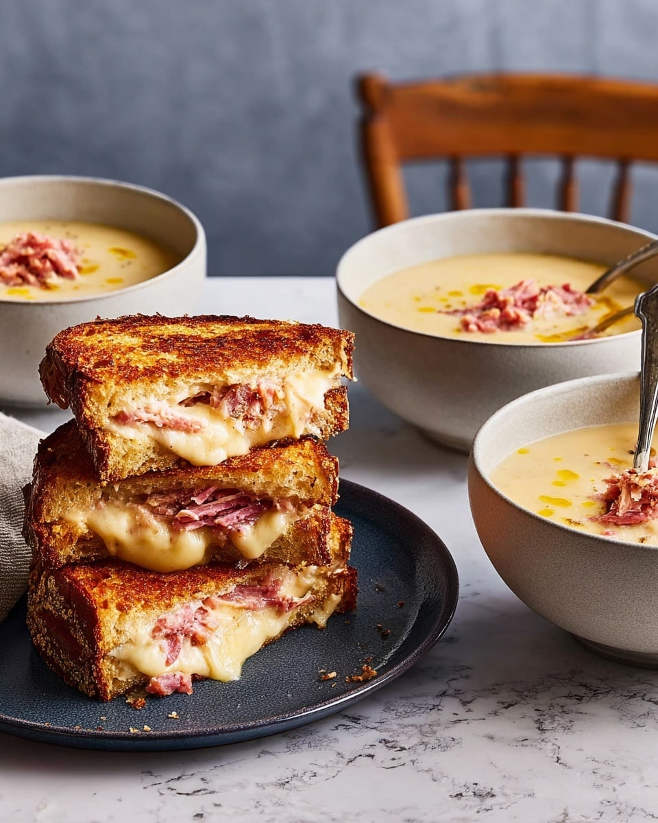 A stack of three grilled cheese sandwiches is placed on a white plate; the sandwiches have golden brown toasted bread with visible melted cheese and shredded pink meat inside, some pieces of the meat spilling out. Surrounding the plate are three white bowls filled with creamy, pale yellow soup topped with shredded pink meat, swirls of oil, and black pepper specks, one bowl has a spoon in it. The whole setup is set on a white marbled textured surface with a simple gray background. photo taken with an iphone --ar 4:5 --v 7