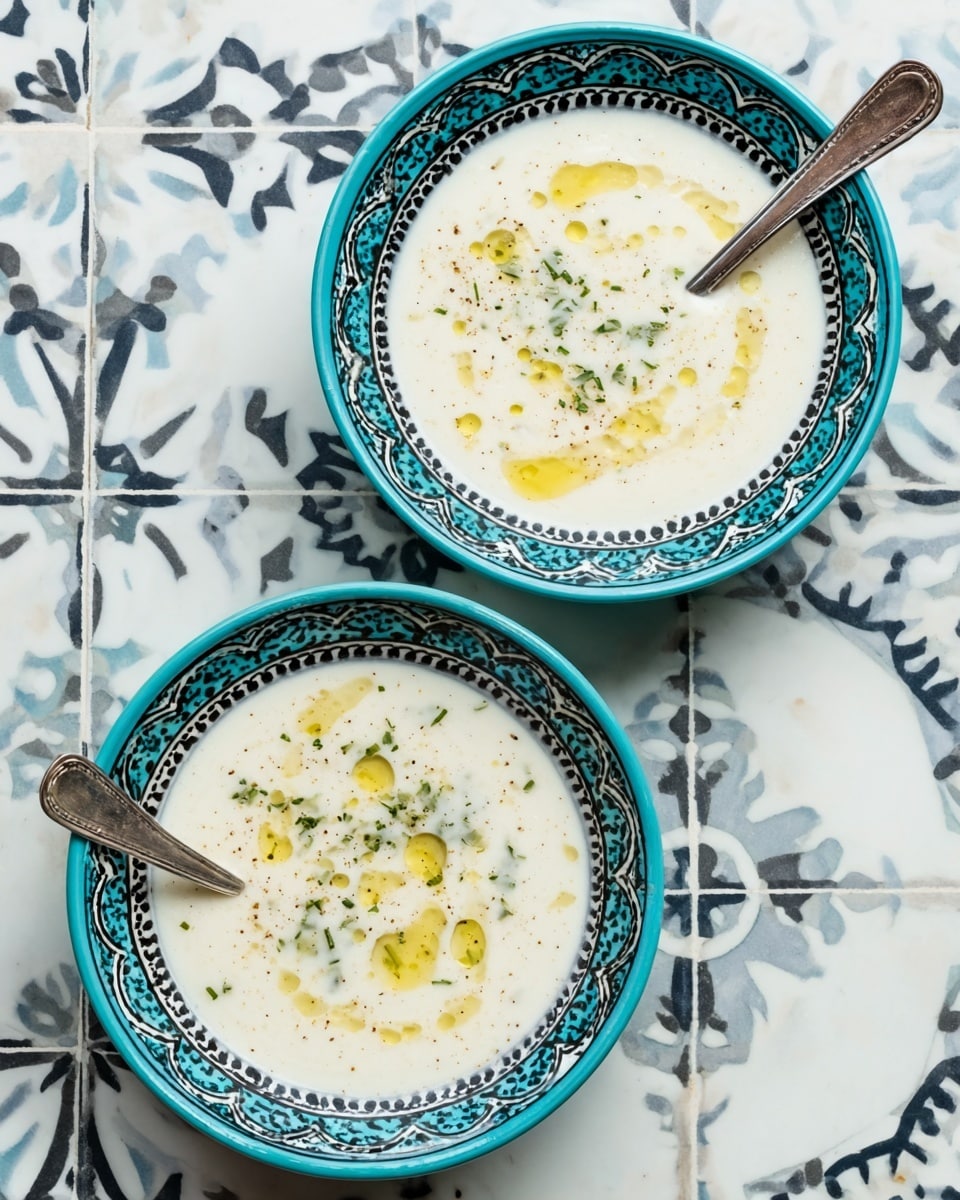 Two white bowls with intricate dark green and black patterns around the rims are placed on a white marbled surface with blue and white patterned tiles. Each bowl contains a creamy white soup with small chunks visible inside, topped with a drizzle of golden olive oil. A silver spoon rests in the top bowl, angled outward. The colors of the soup contrast gently with the dark green bowl rims and the bright, patterned background. Photo taken with an iphone --ar 4:5 --v 7